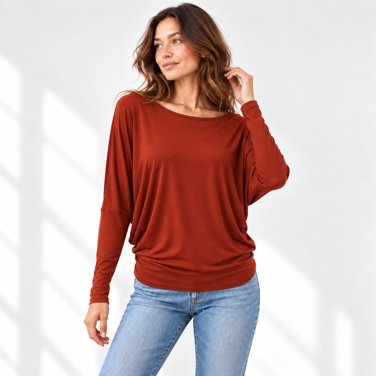 Relaxed Dolman Sleeve Top with Curved Back Hem
