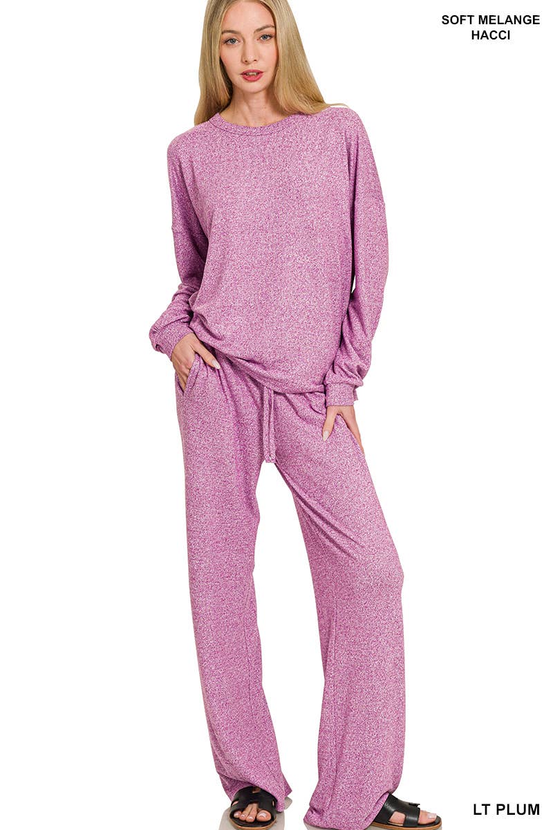 Soft Melange Hacci Long Slv Tee & Pants Set Zenana