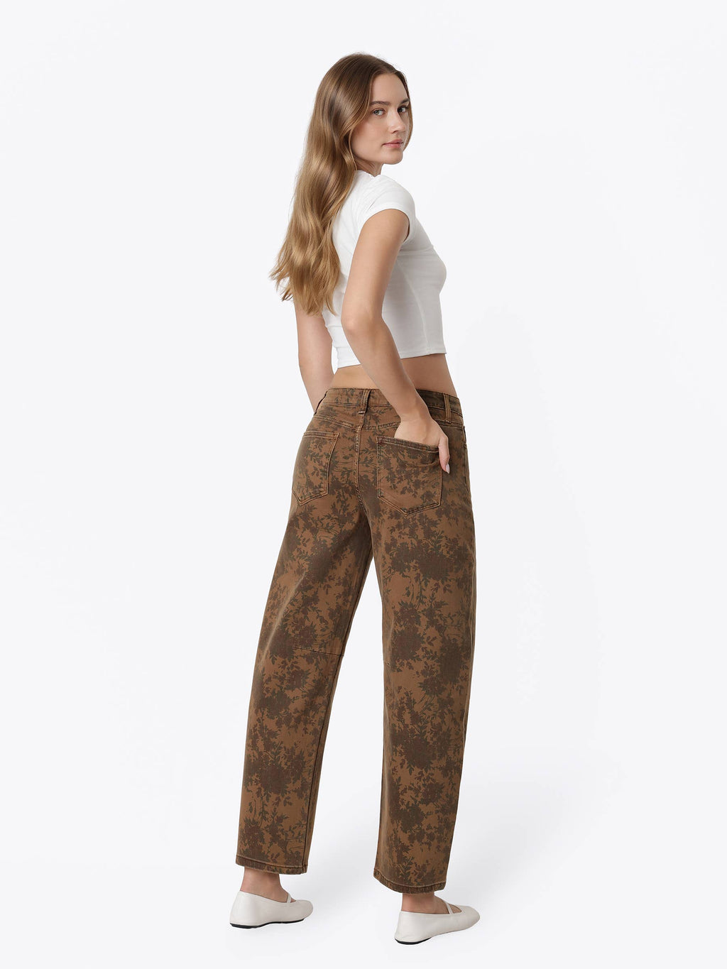 HIGH RISE BROWN FLORAL PRINT BARREL JEANS T7587BRN