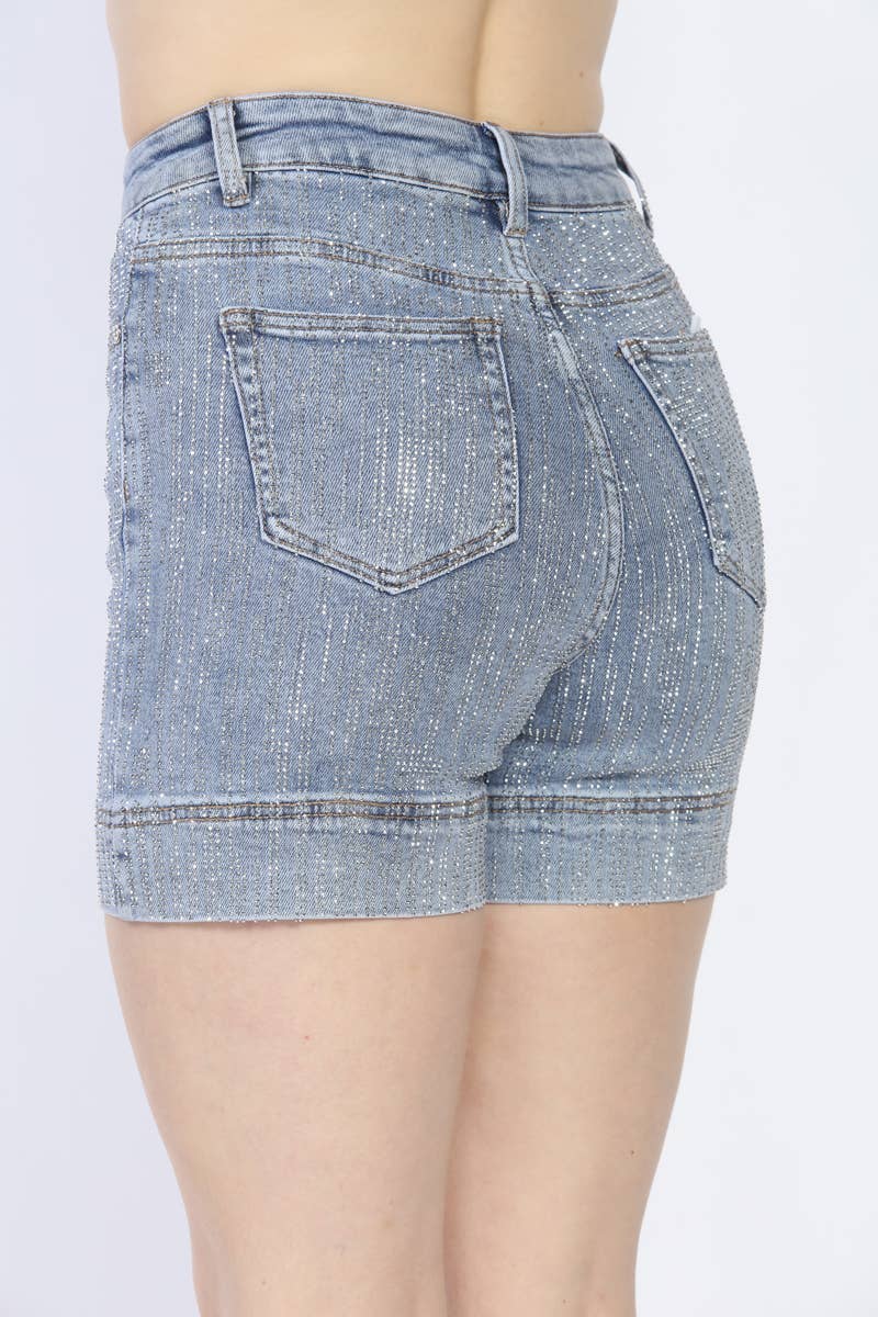 Rhinestone Stretch Denim Shorts - Nina Rossi