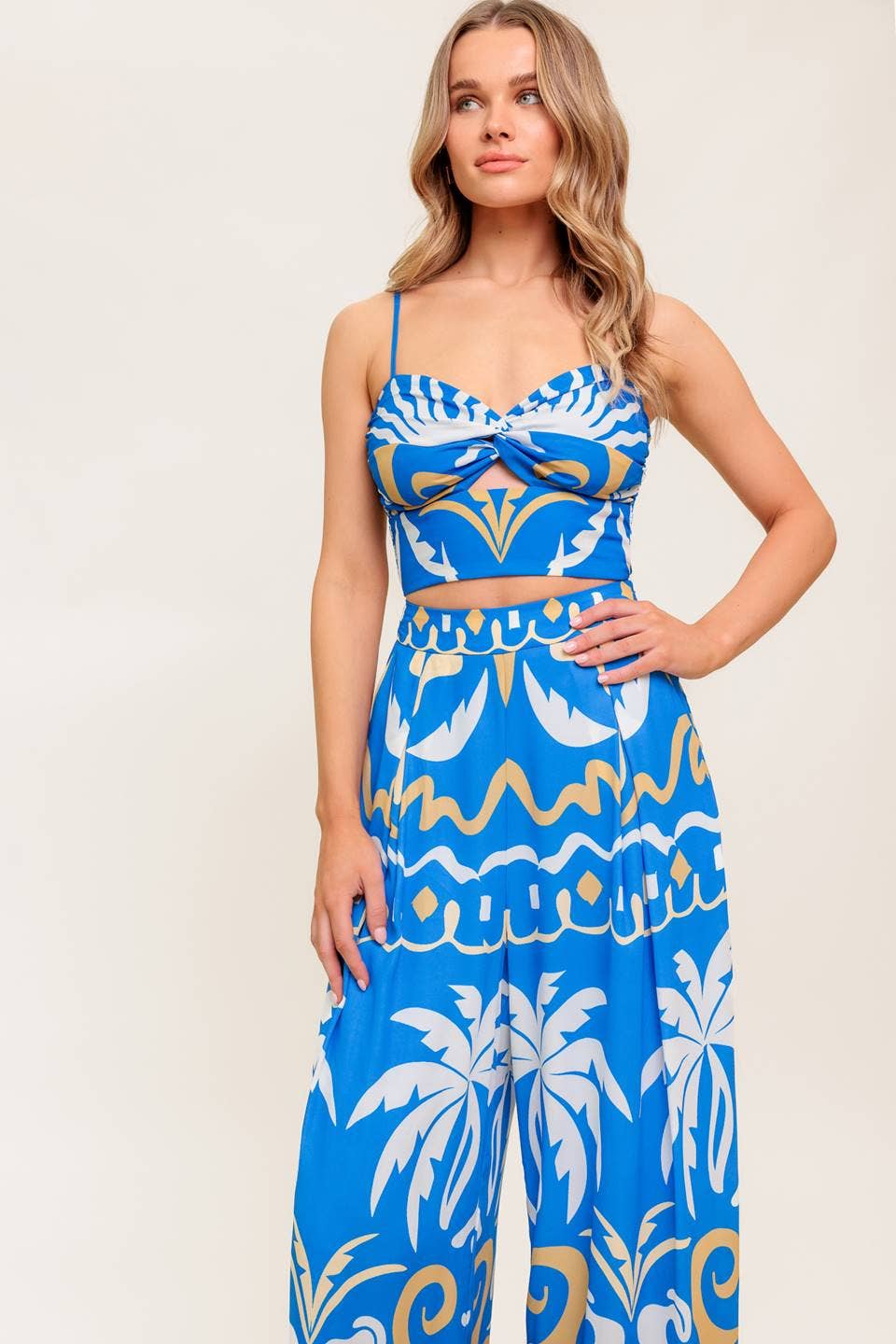 A printed woven crop top and pant set - IT13655-SET