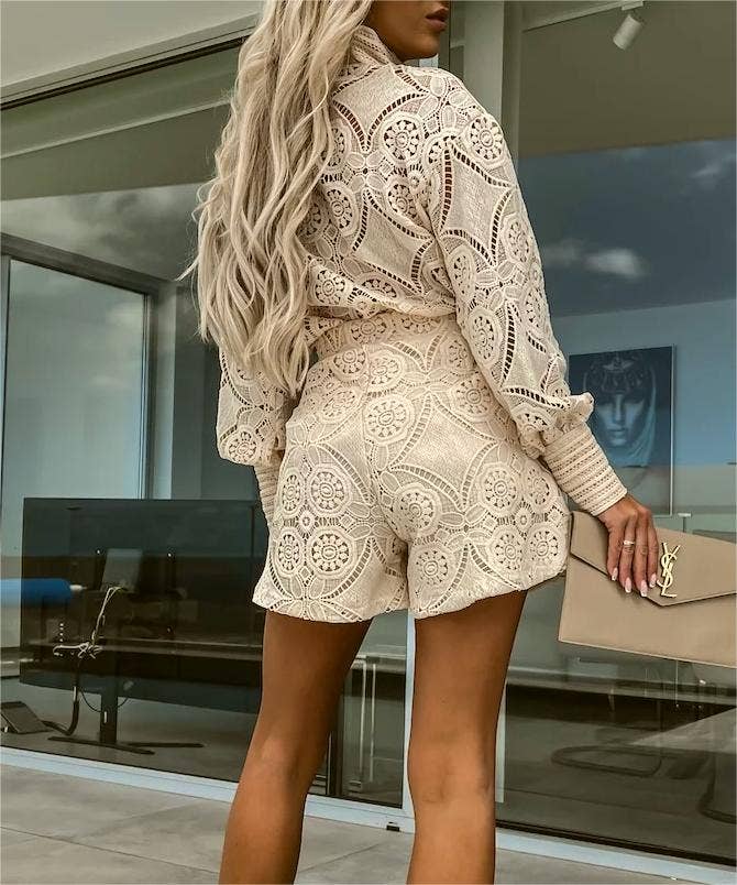 Boho long-sleeves hollow-out blouse shorts 2-piece set