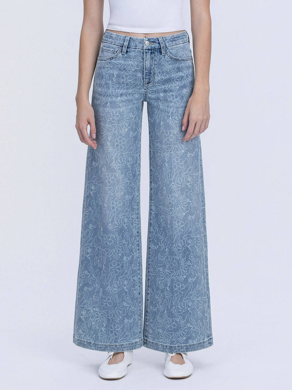 HIGH RISE MEDIUM LIGHT FLORAL PRINT WIDE LEG JEANS T7335FPR