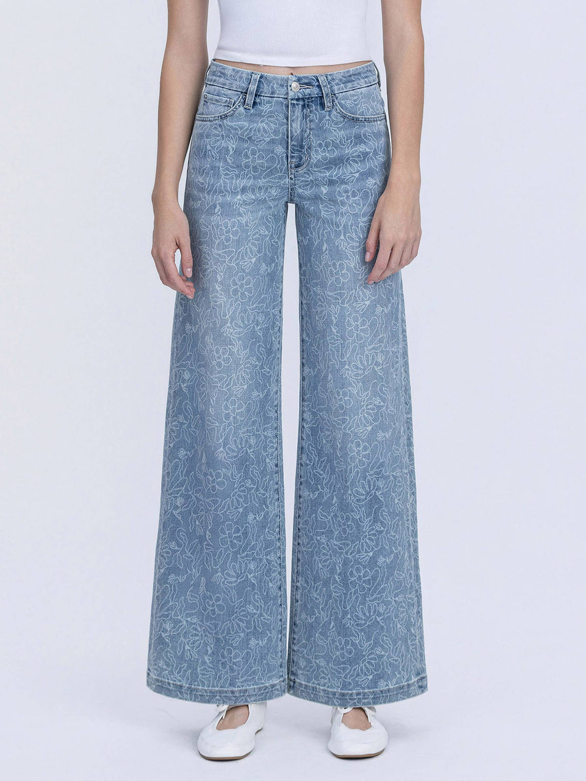 HIGH RISE MEDIUM LIGHT FLORAL PRINT WIDE LEG JEANS T7335FPR