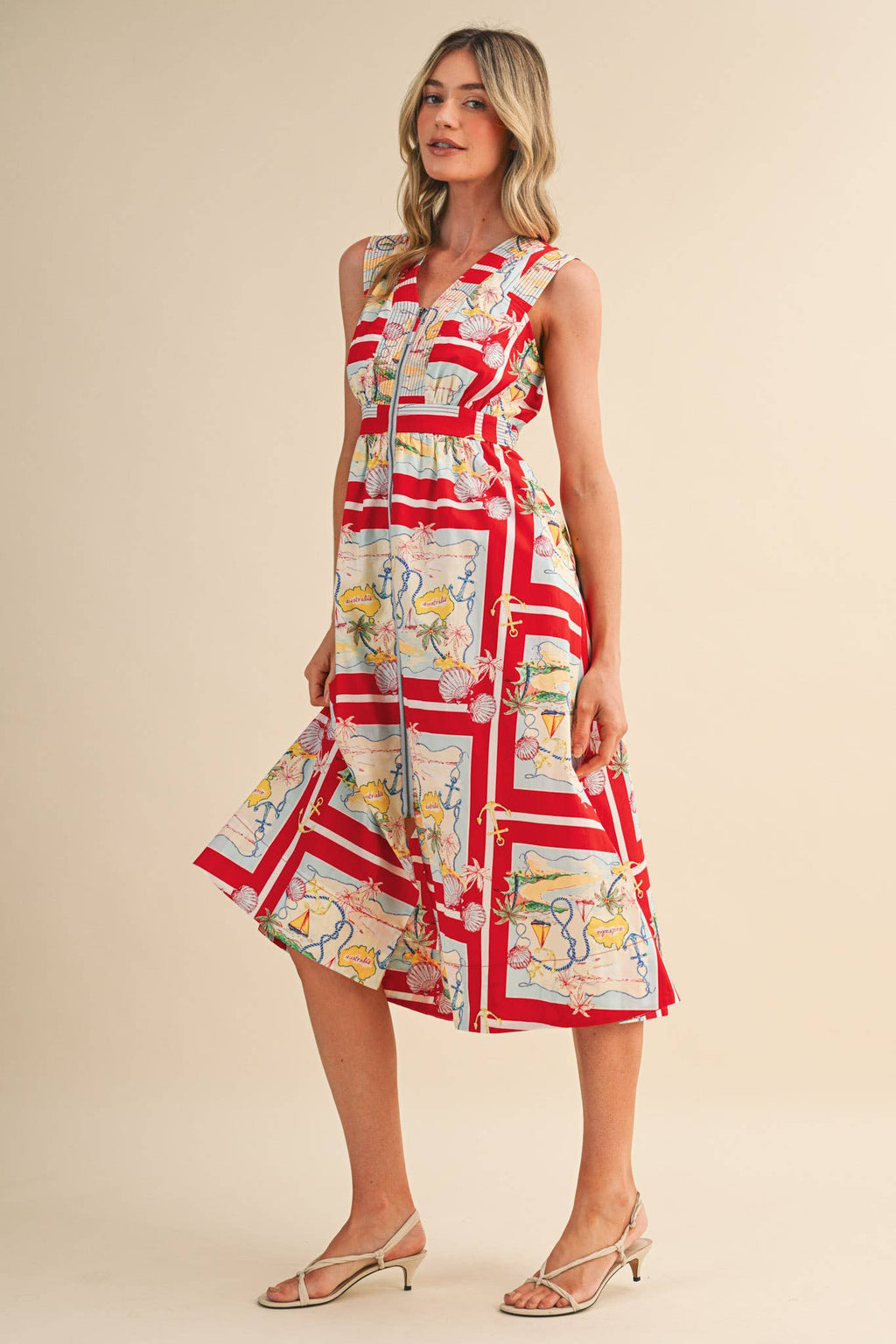 EXCLUSIVE NAUTICAL MAP PRT ZIPPER FRONT MIDI DRESS MDR5194