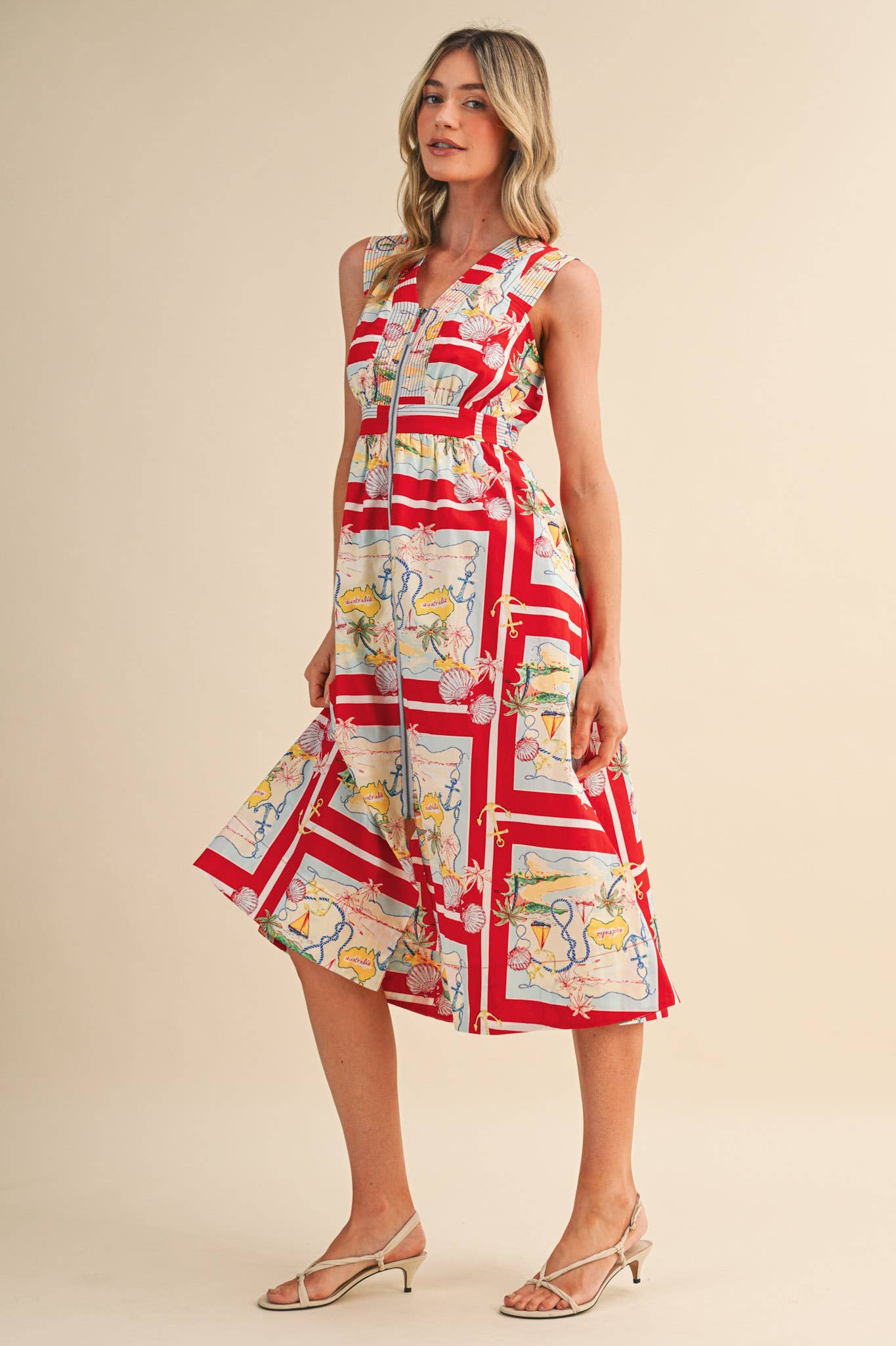 EXCLUSIVE NAUTICAL MAP PRT ZIPPER FRONT MIDI DRESS MDR5194