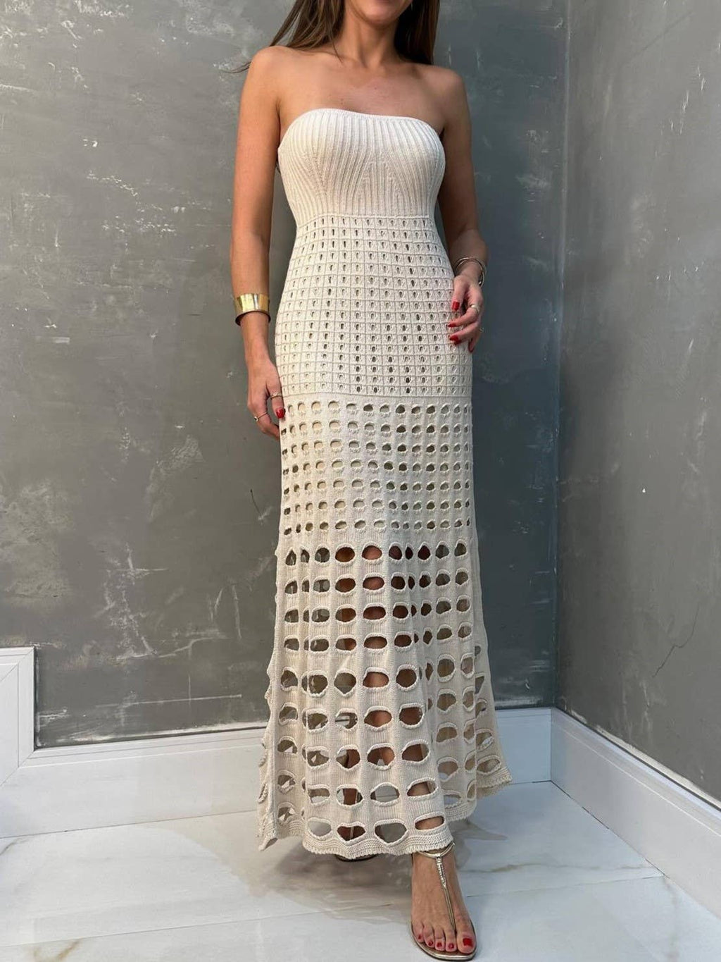 Chic Beach/Resort Strapless Crochet Maxi Dress