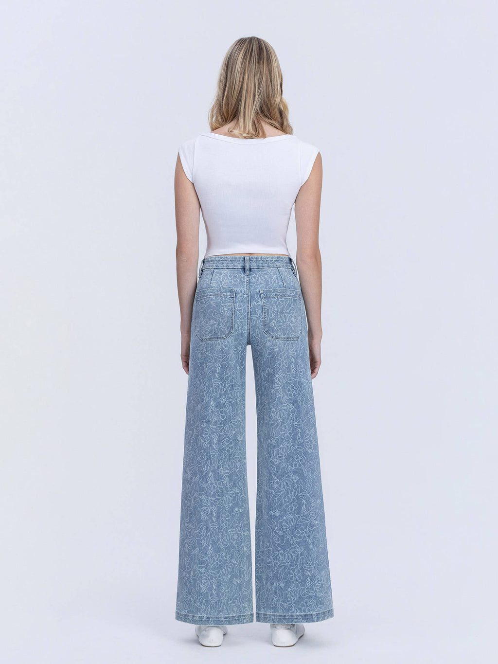 HIGH RISE MEDIUM LIGHT FLORAL PRINT WIDE LEG JEANS T7335FPR