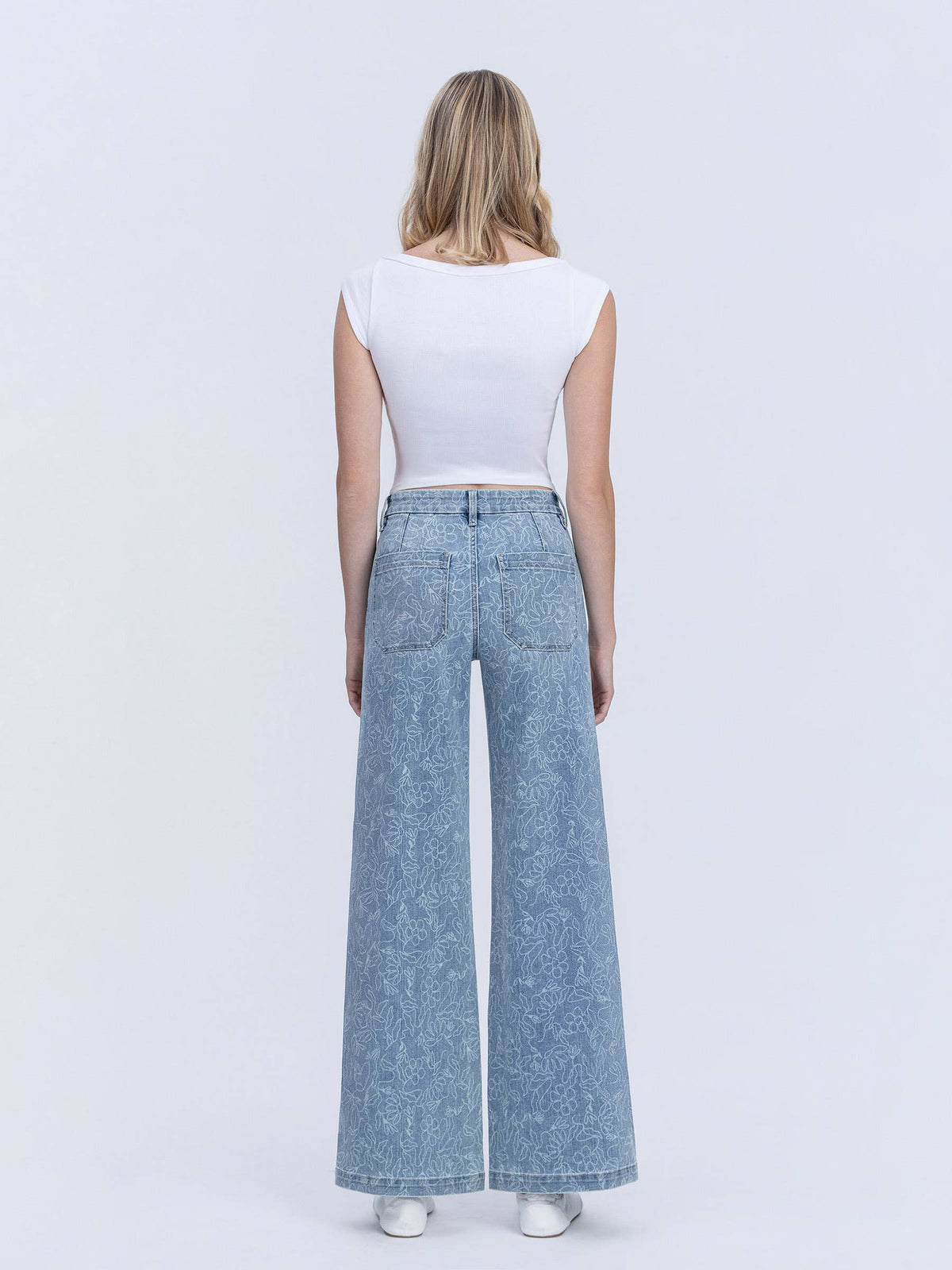 HIGH RISE MEDIUM LIGHT FLORAL PRINT WIDE LEG JEANS T7335FPR