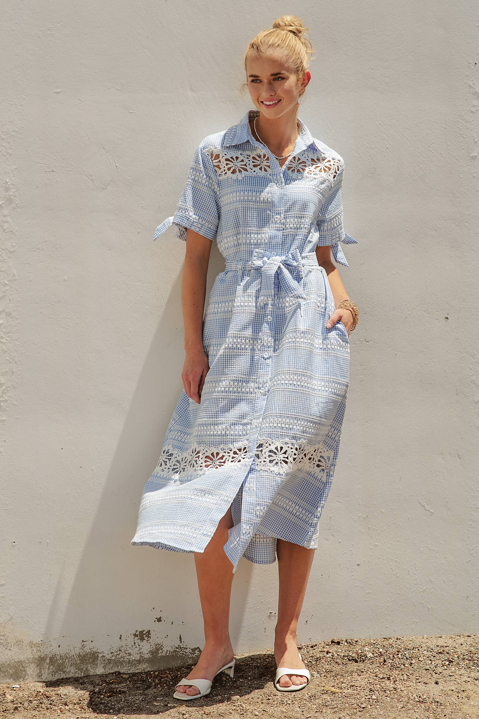 Gingham Cotton Shirt Dress Eyelet Embroidery