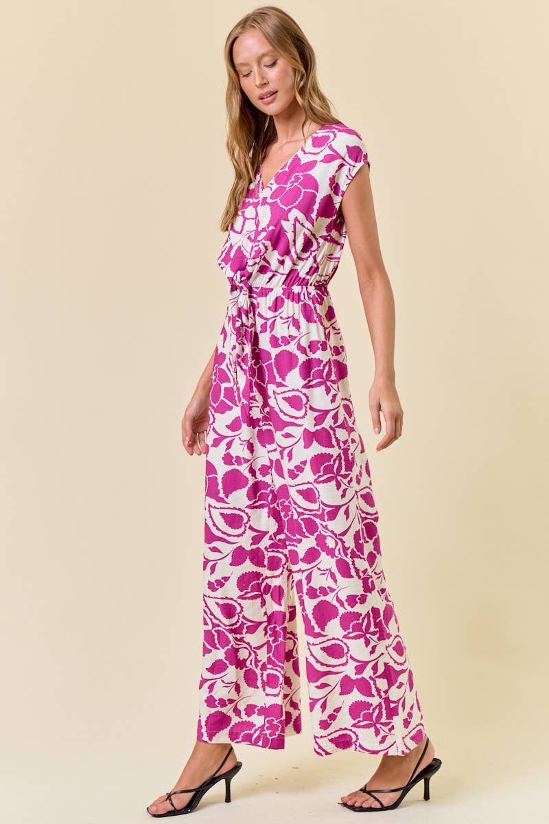 Floral Print V-Neck Wide Leg Front Tie Jumpsuit
