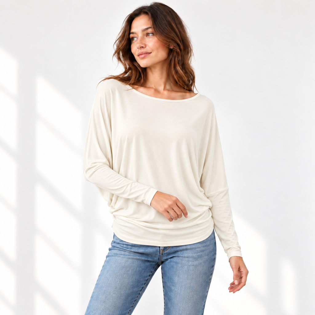 Relaxed Dolman Sleeve Top with Curved Back Hem