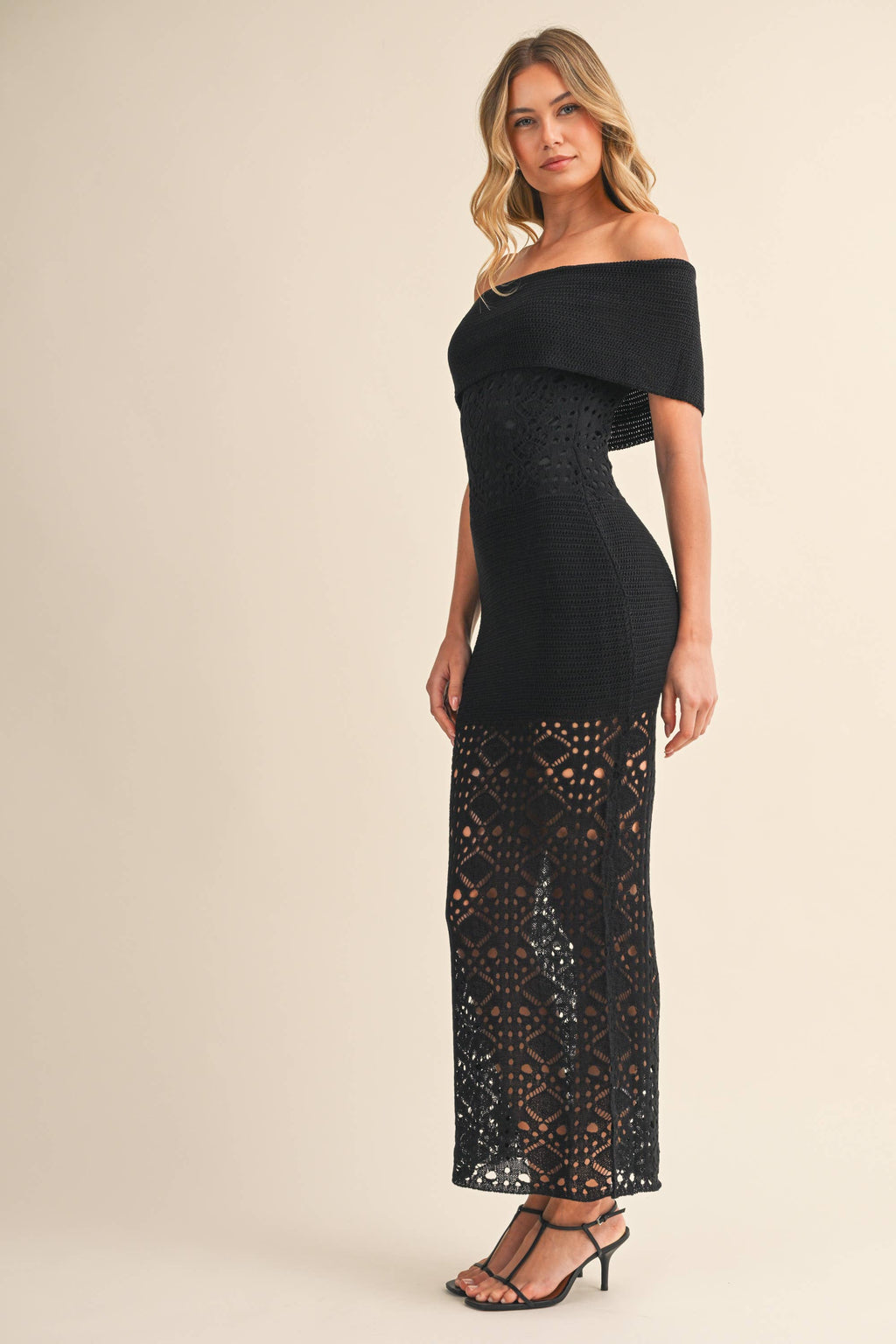 CROCHET FOLDOVER OFF SHOULDER SWEATER MAXI DRESS