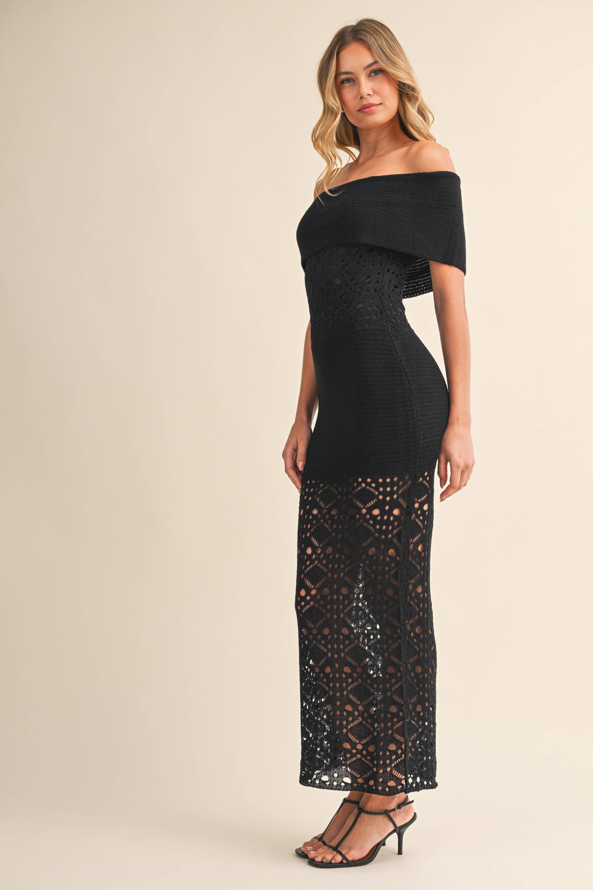 CROCHET FOLDOVER OFF SHOULDER SWEATER MAXI DRESS