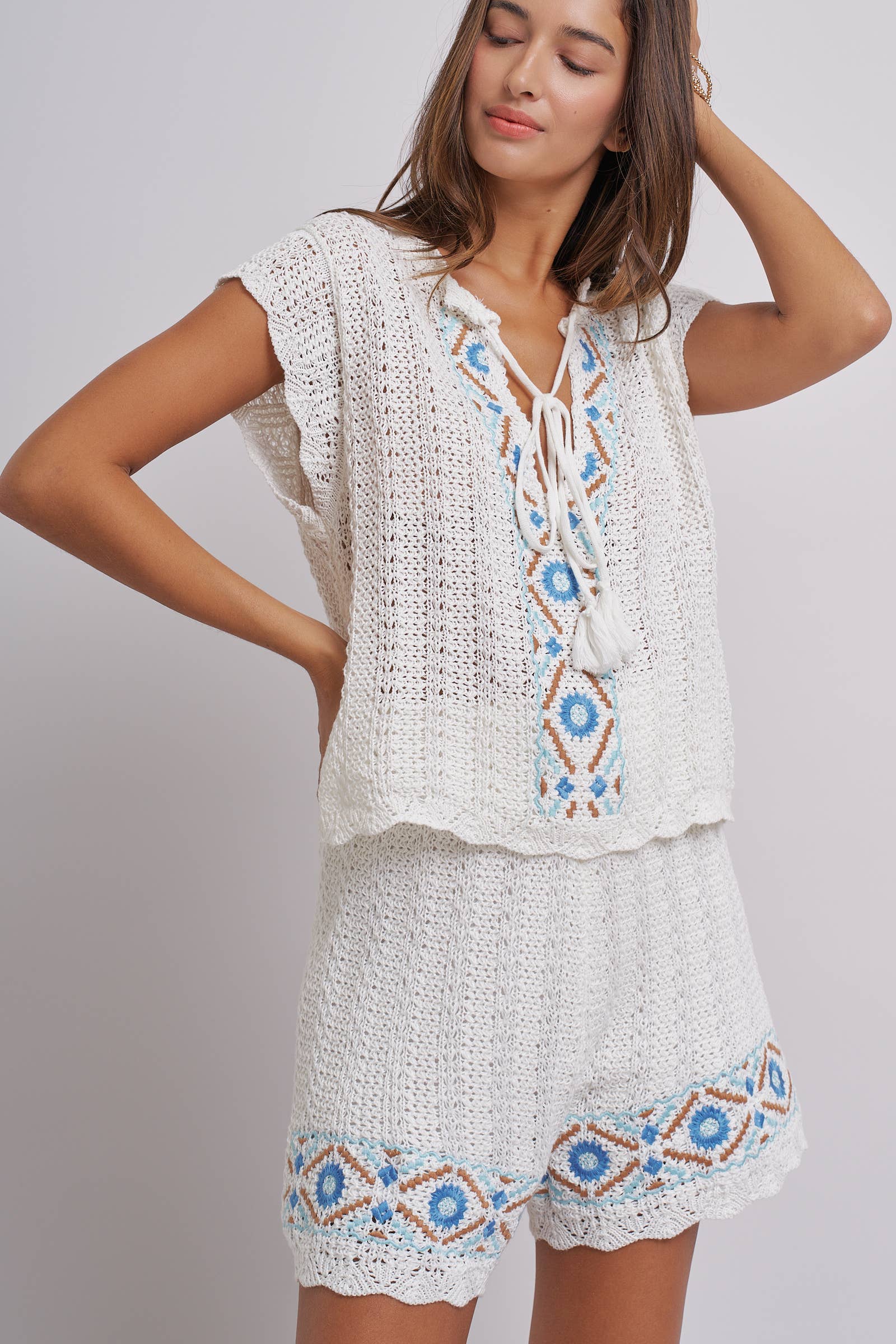 Geometric Embroidered Crochet Knit Top And Shorts Set