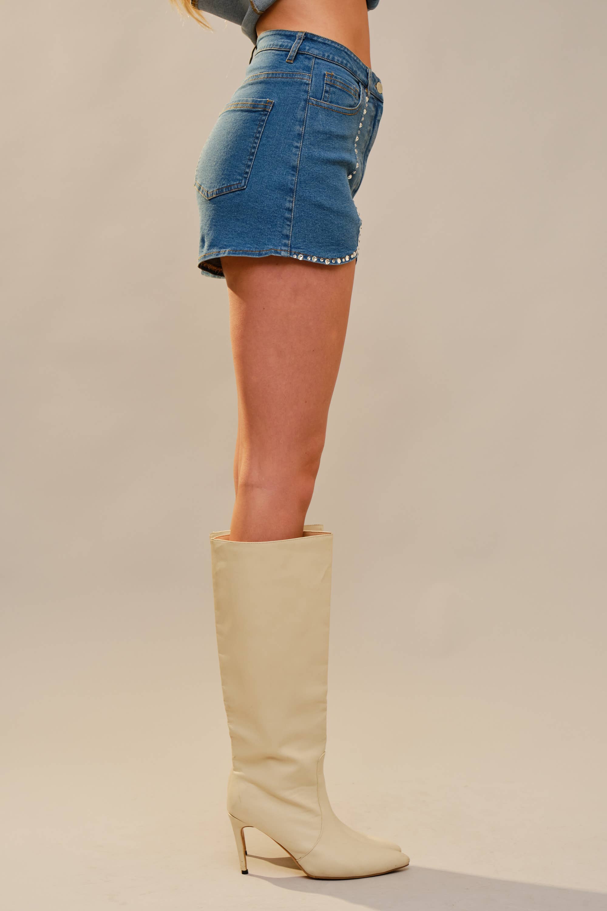 23867P Scallop Hem Embellished Denim Shorts
