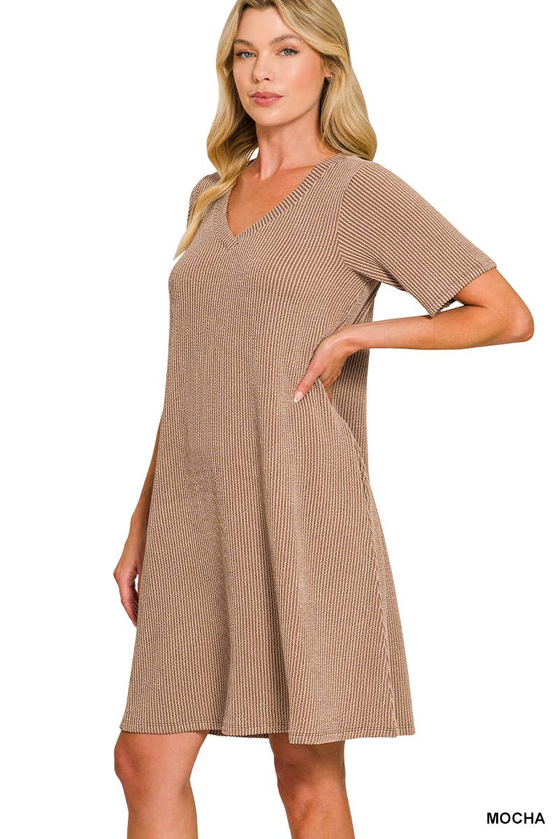 Raised Rib V Neck  A Line Dress With Side Pockets
