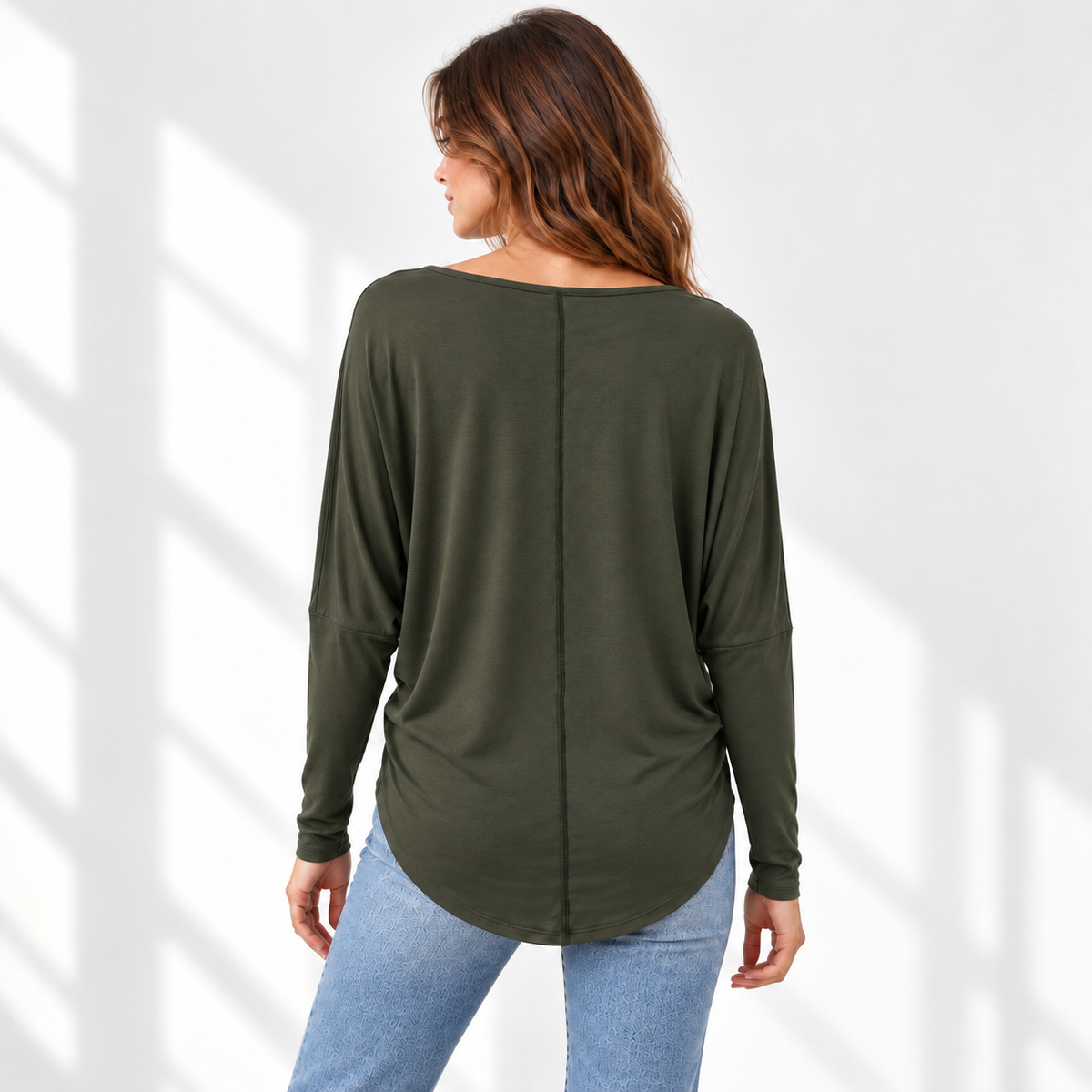 Relaxed Dolman Sleeve Top with Curved Back Hem