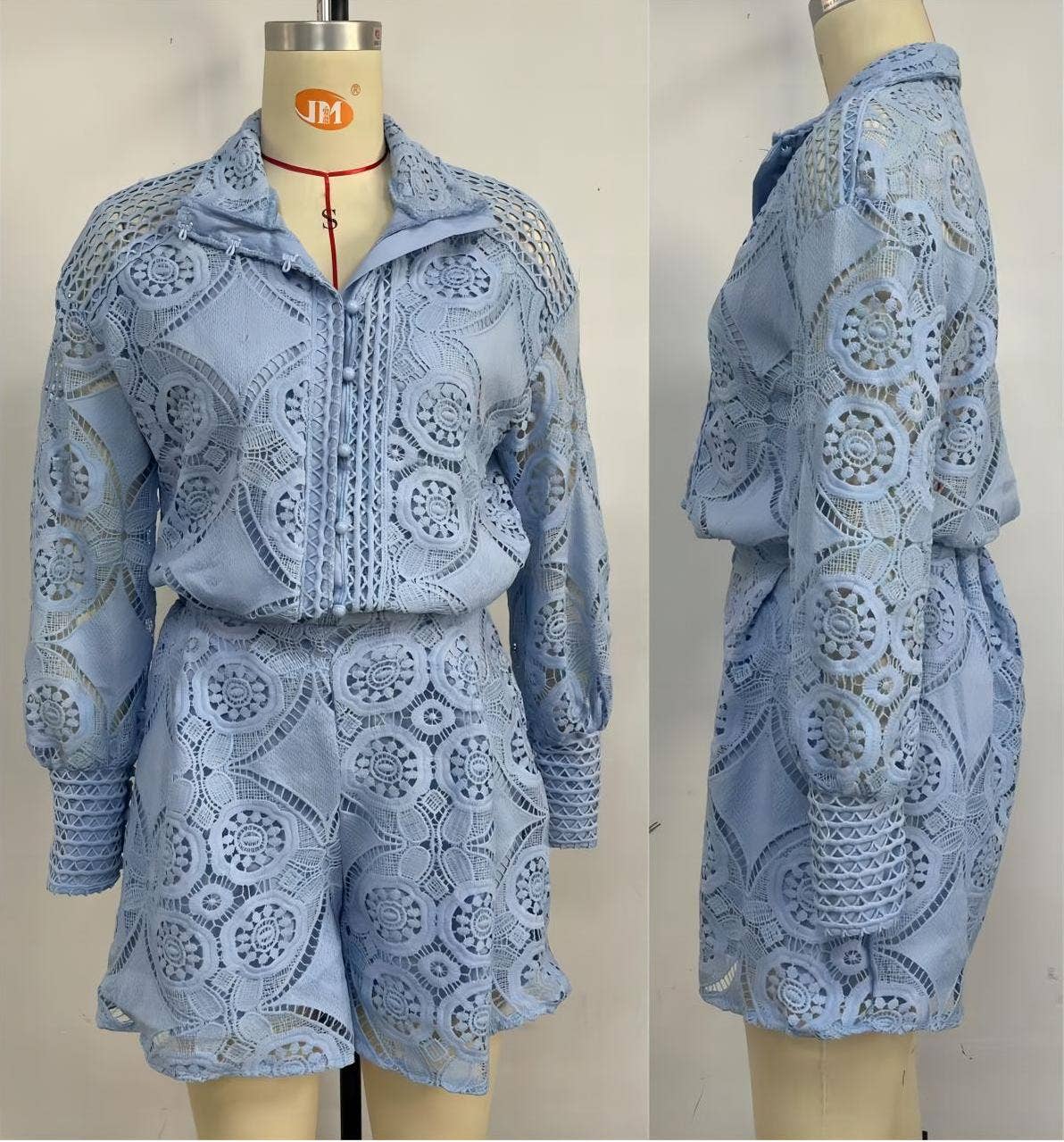 Boho long-sleeves hollow-out blouse shorts 2-piece set