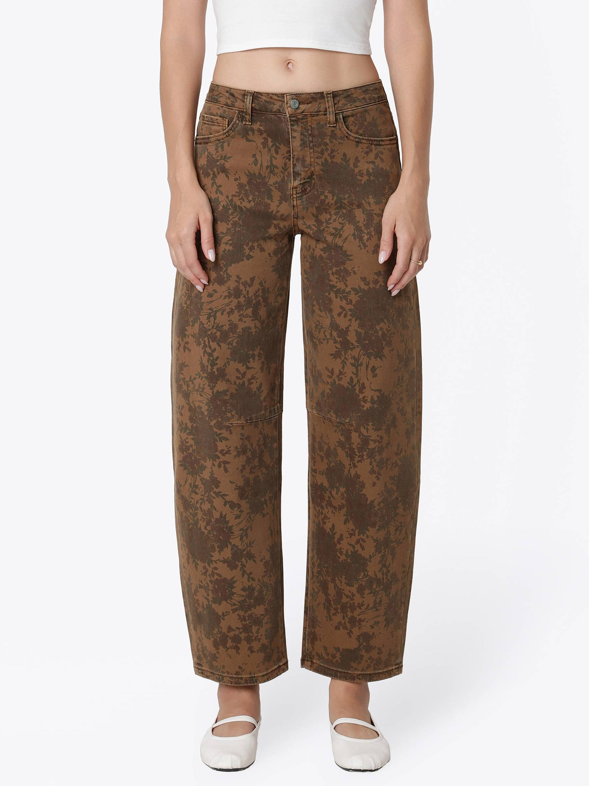 HIGH RISE BROWN FLORAL PRINT BARREL JEANS T7587BRN