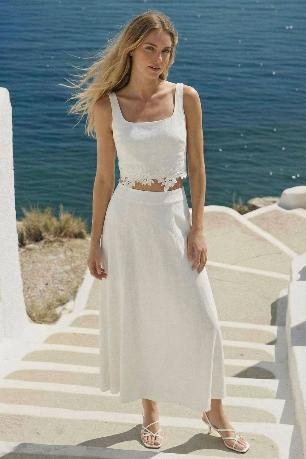 FLOWER EMROIDERED CROP TOP AND MIDI SKIRT