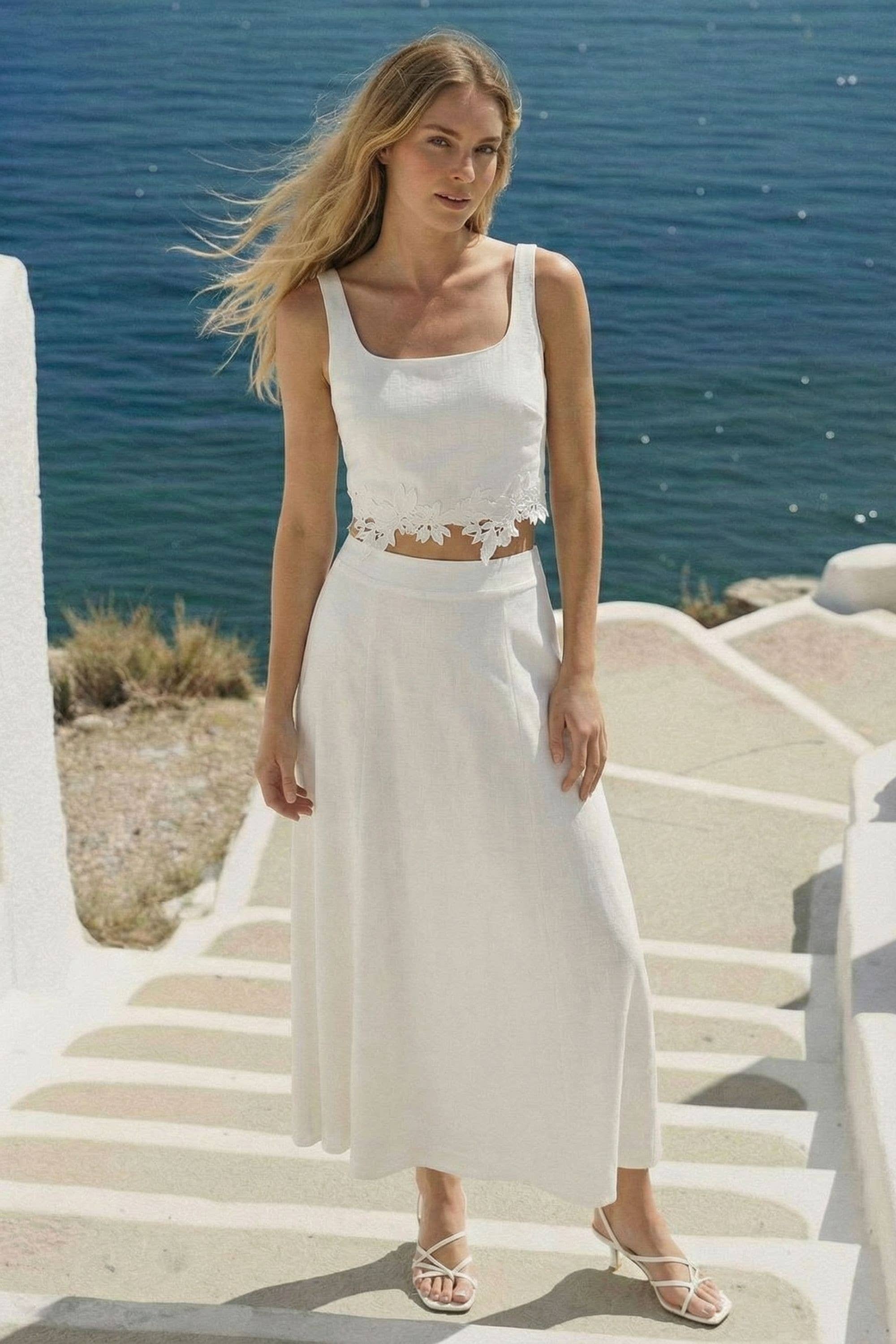 FLOWER EMROIDERED CROP TOP AND MIDI SKIRT