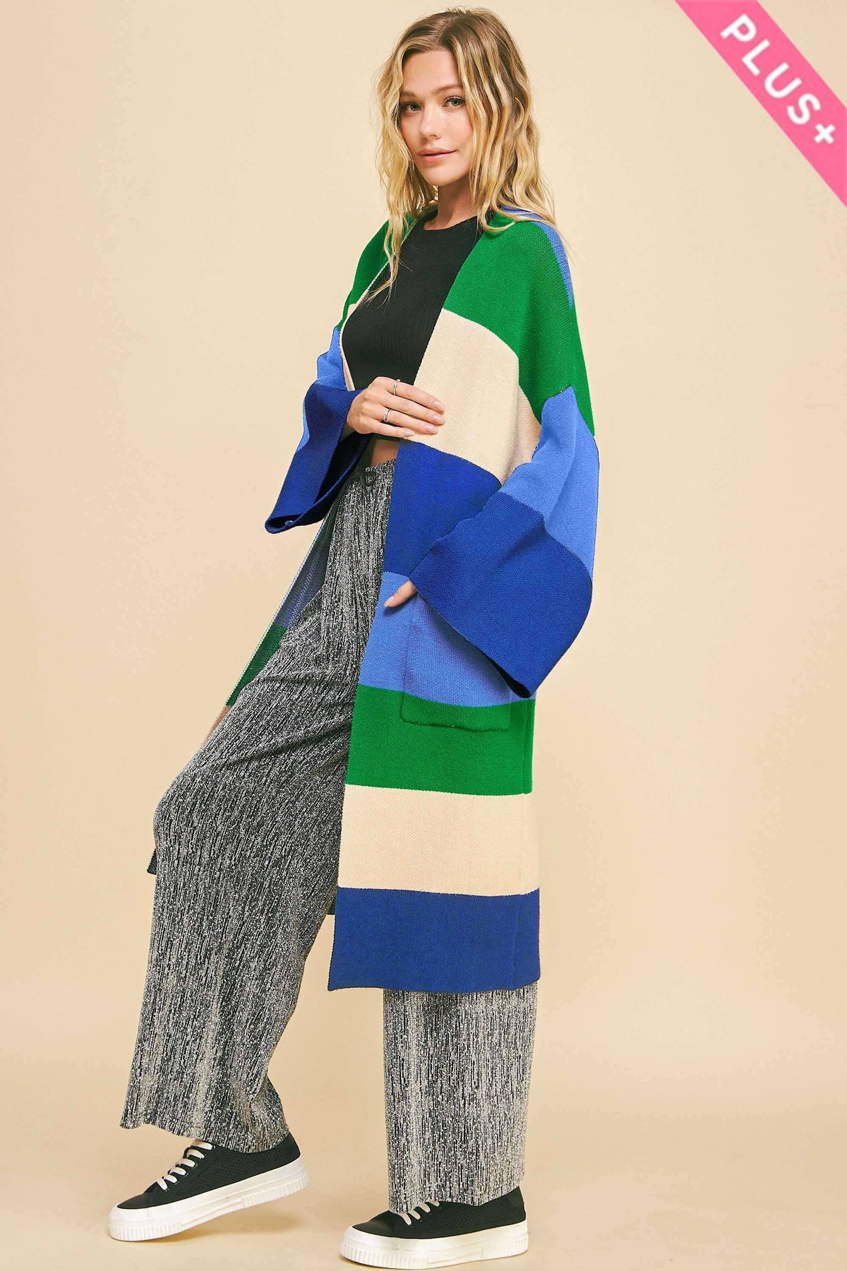 Plus - Multi Stripe Kimono Sleeve Longline Open Cardigan