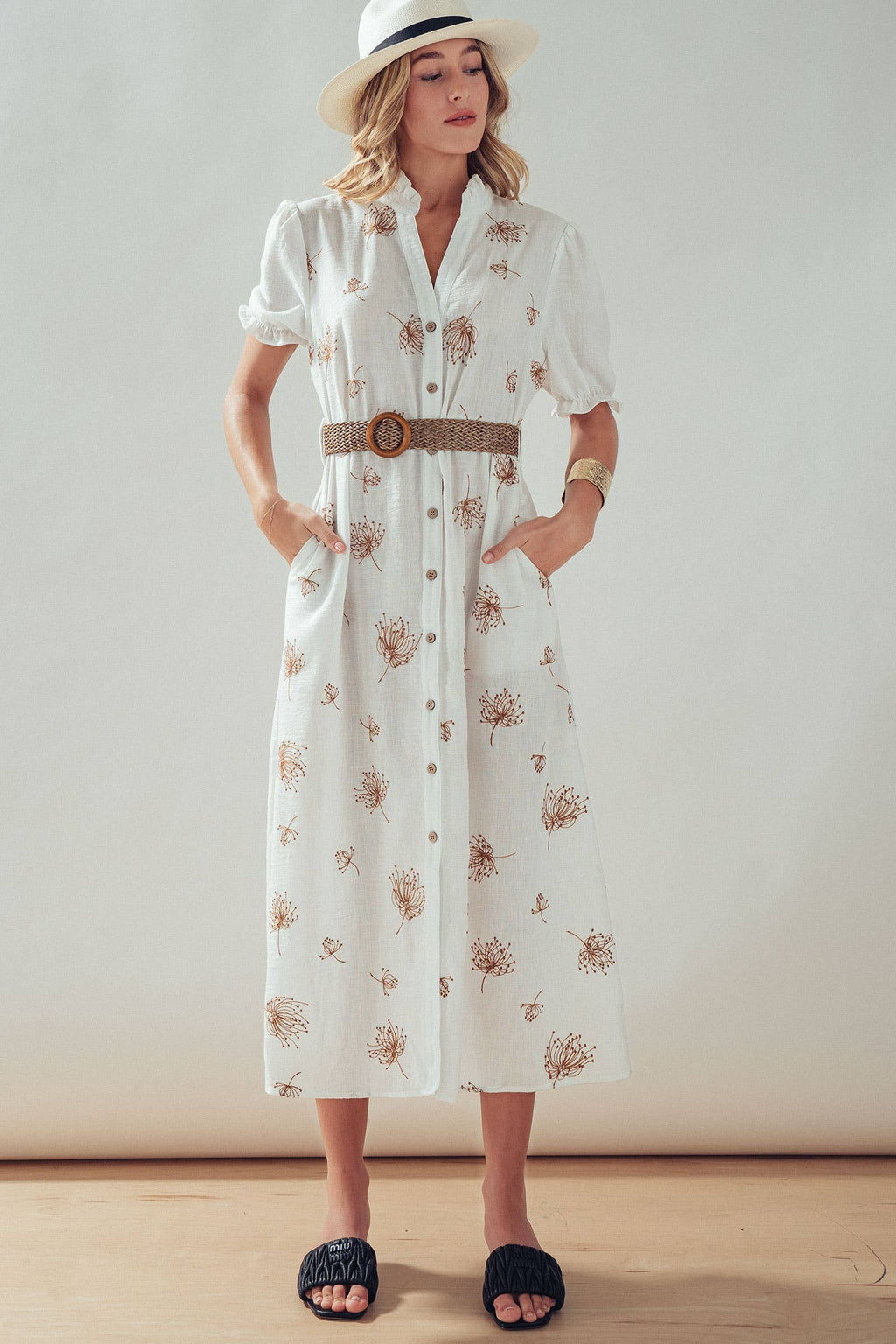 Embroidered Linen Blend Button Front Midi Dress