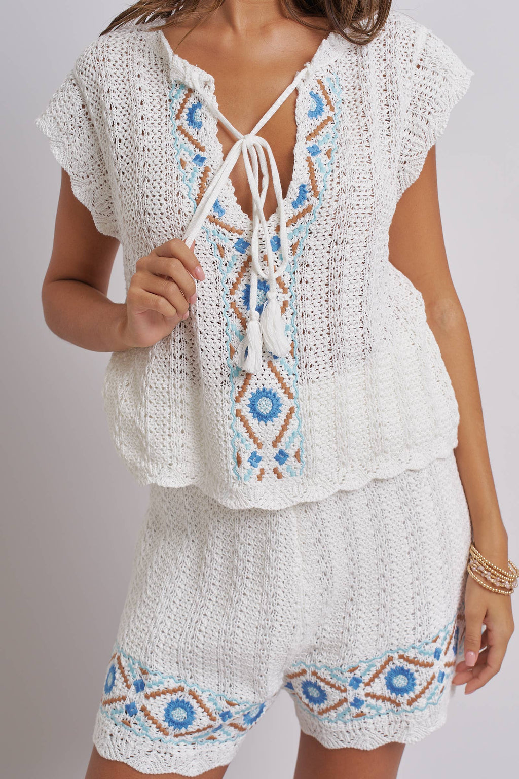 Geometric Embroidered Crochet Knit Top And Shorts Set