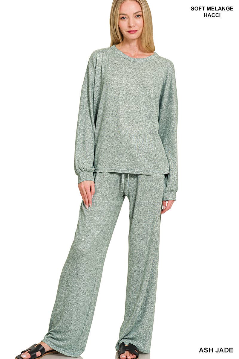 Soft Melange Hacci Long Slv Tee & Pants Set Zenana
