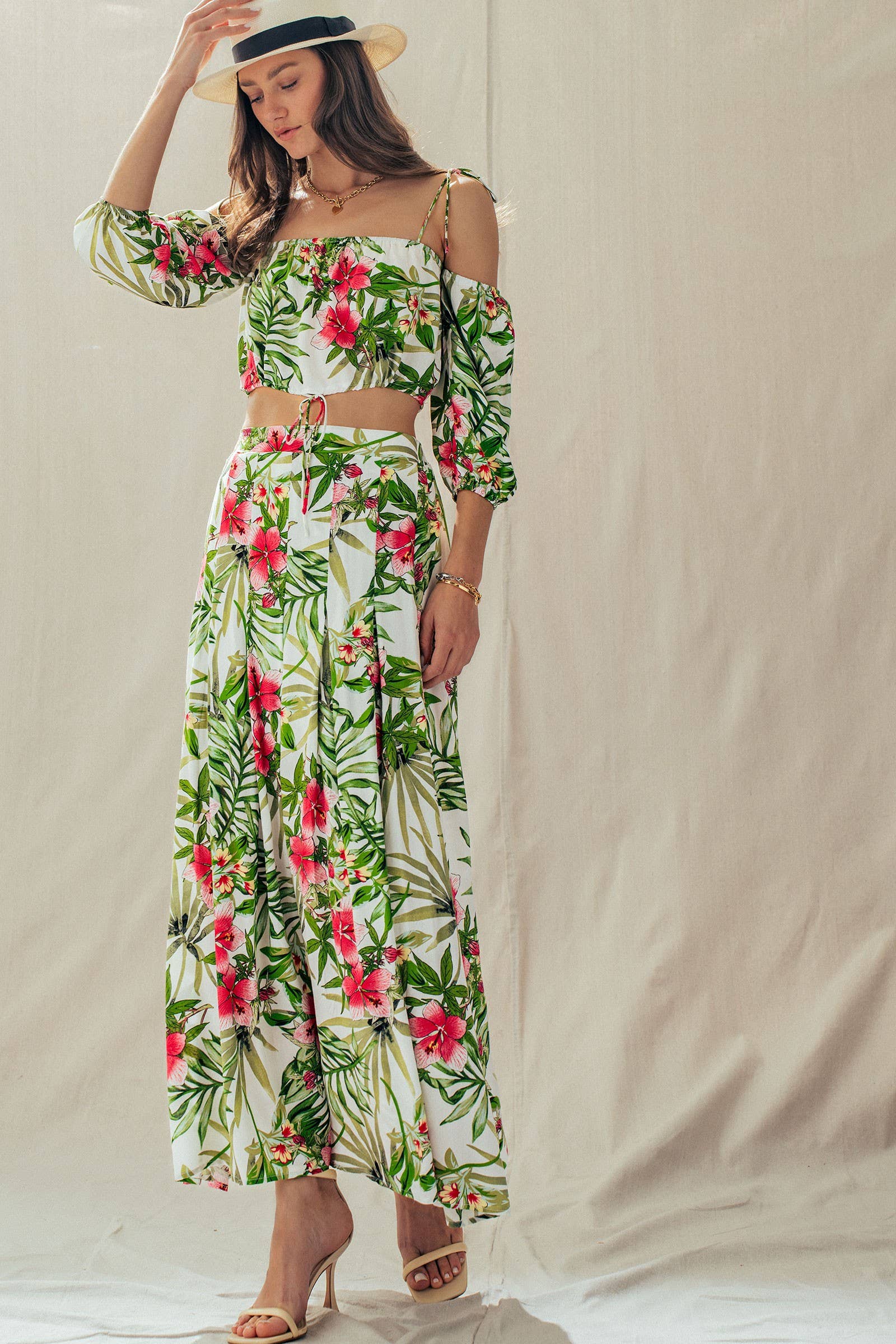 Off Shoulder Crop Top with Floral Maxi Skirt