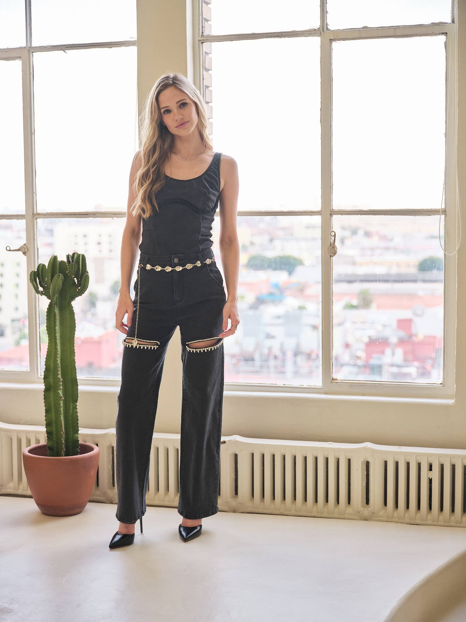Rhinestone Cut Out Washed Denim Jeans