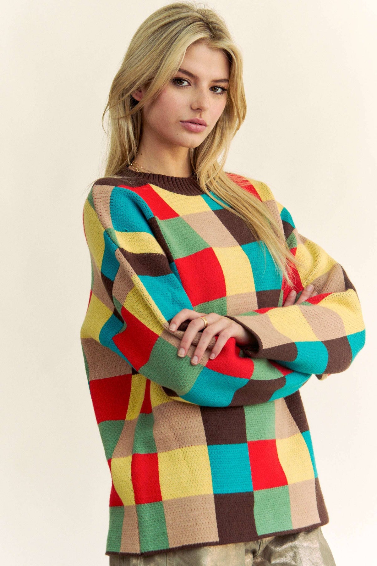 Multicolor Checkerboard Knit Pullover Sweater