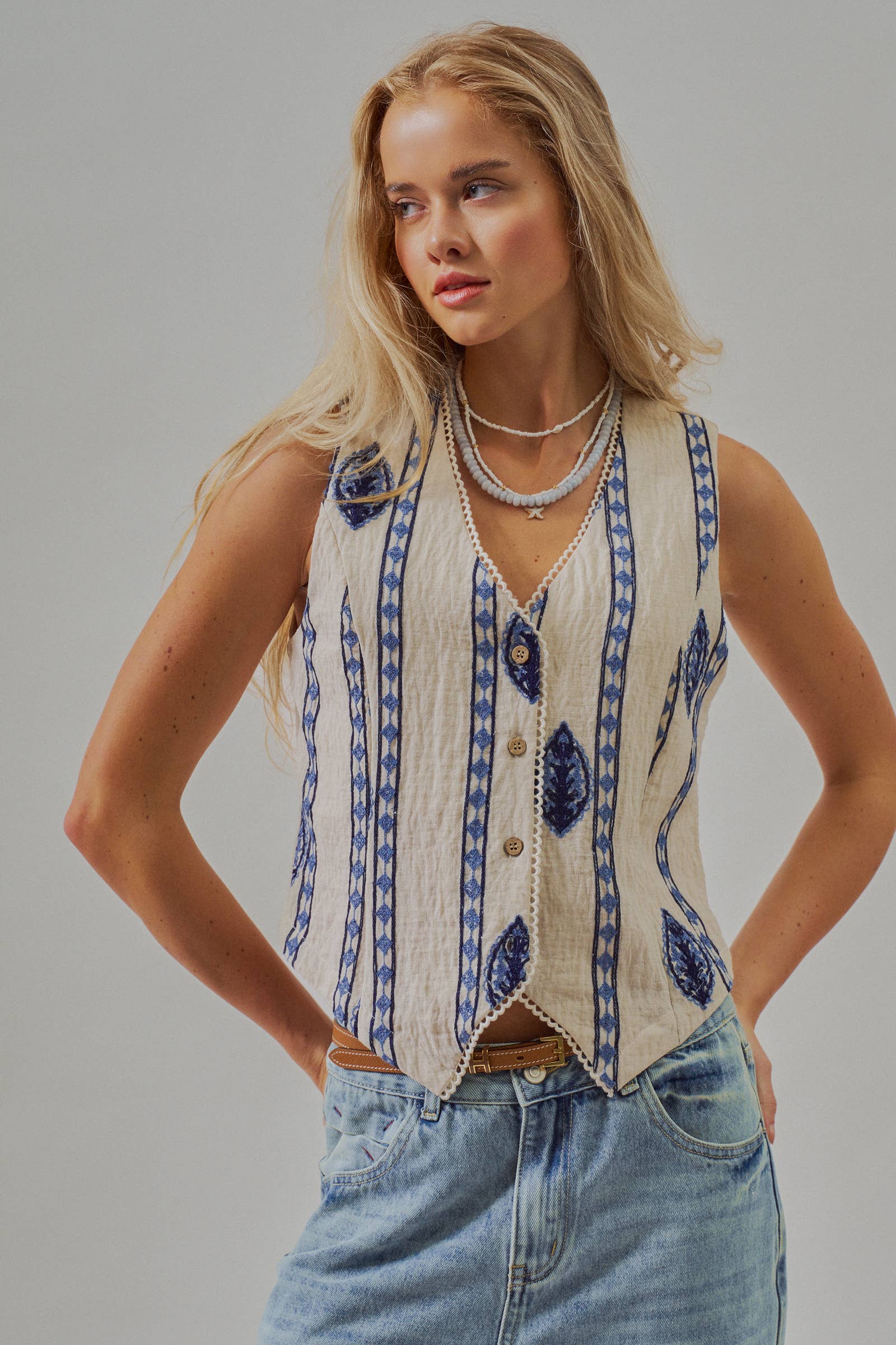 Blue Embroidered Linen Blend Button Front Vest