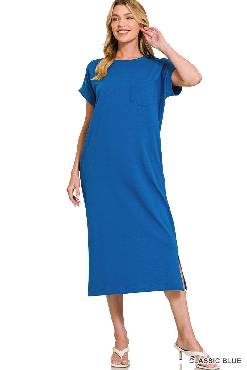 Round Neck Short Sleeve Midi Dress w/ Pockets - Zenana