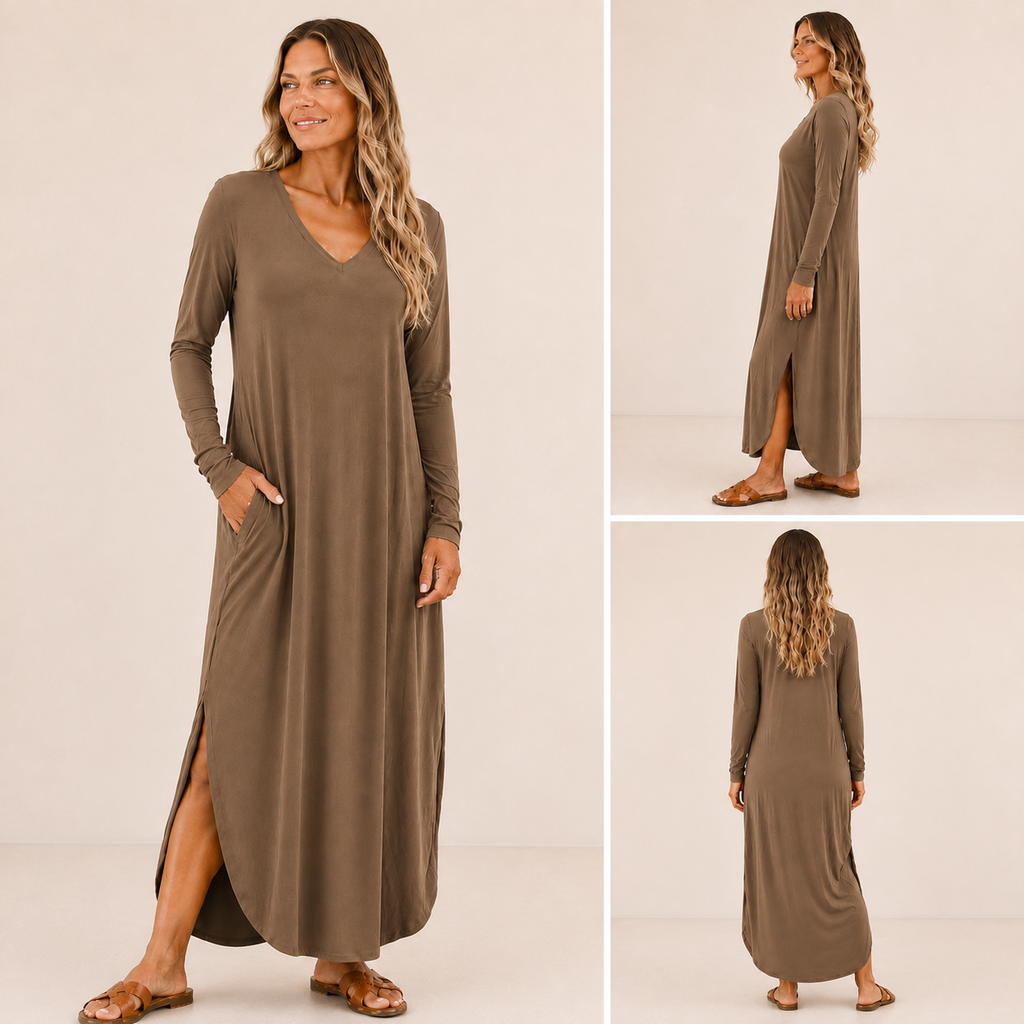 Long Sleeve V Neck Maxi Dress with Pockets, Side Slits