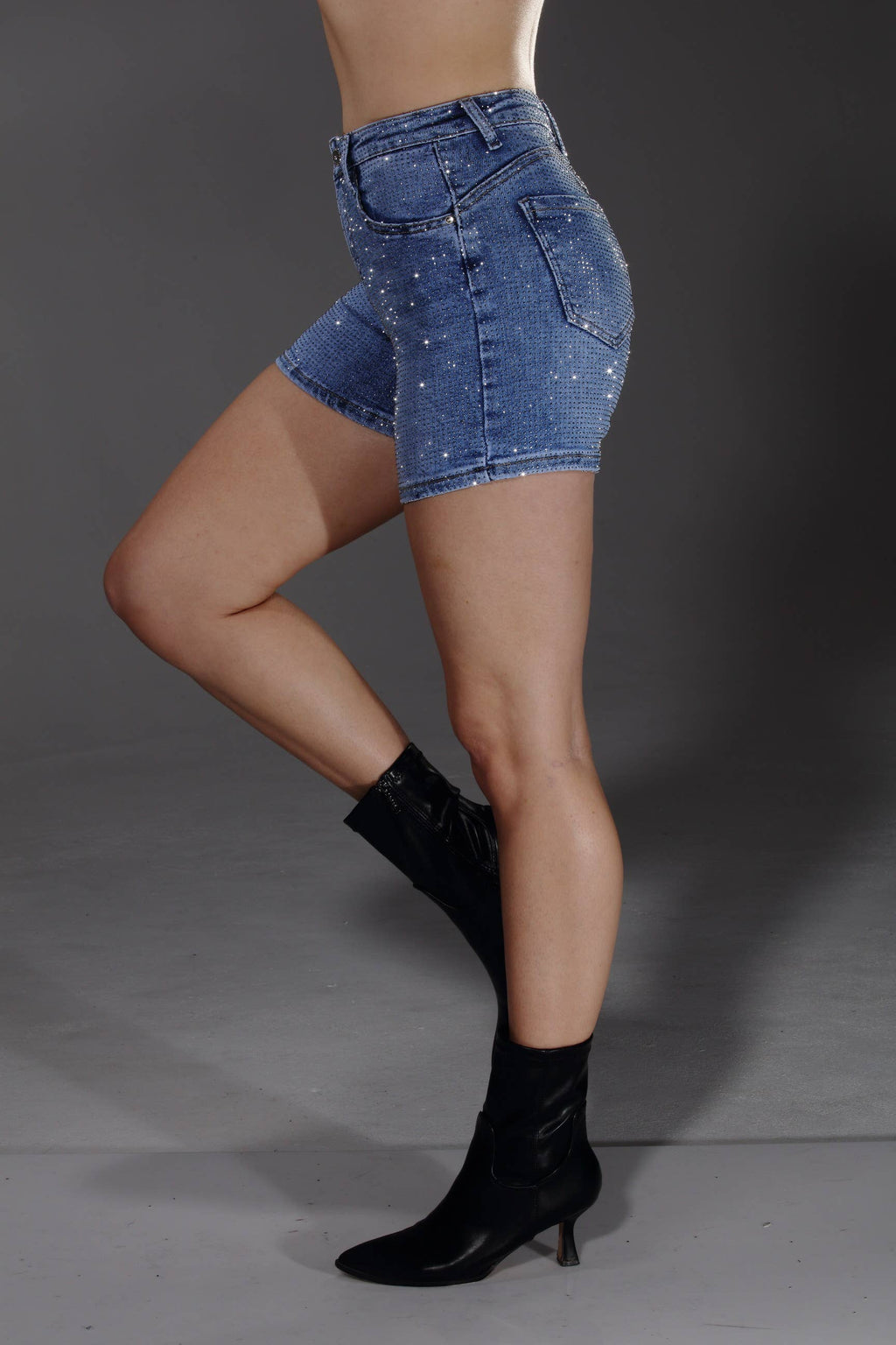 Rhinestone Medium Blue Stretch Denim Shorts- Nina Rossi