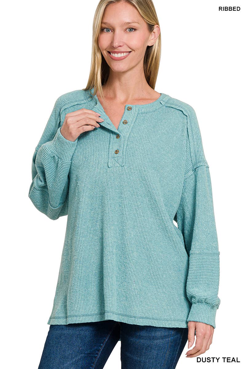Ribbed Brushed Hacci Melange Henley Sweater