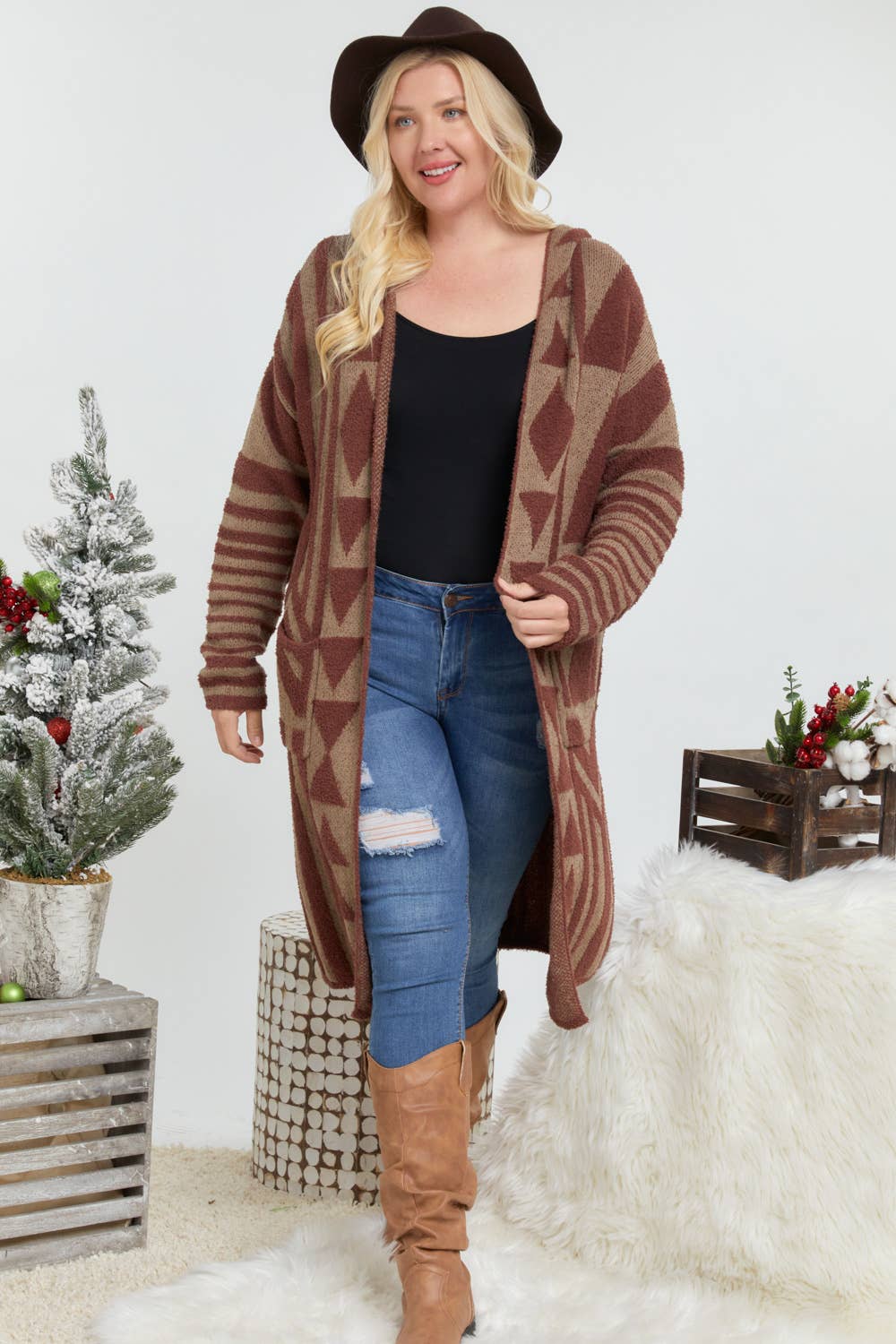 Plus - Aztec Pattern Knit Longline Hooded Cardigan