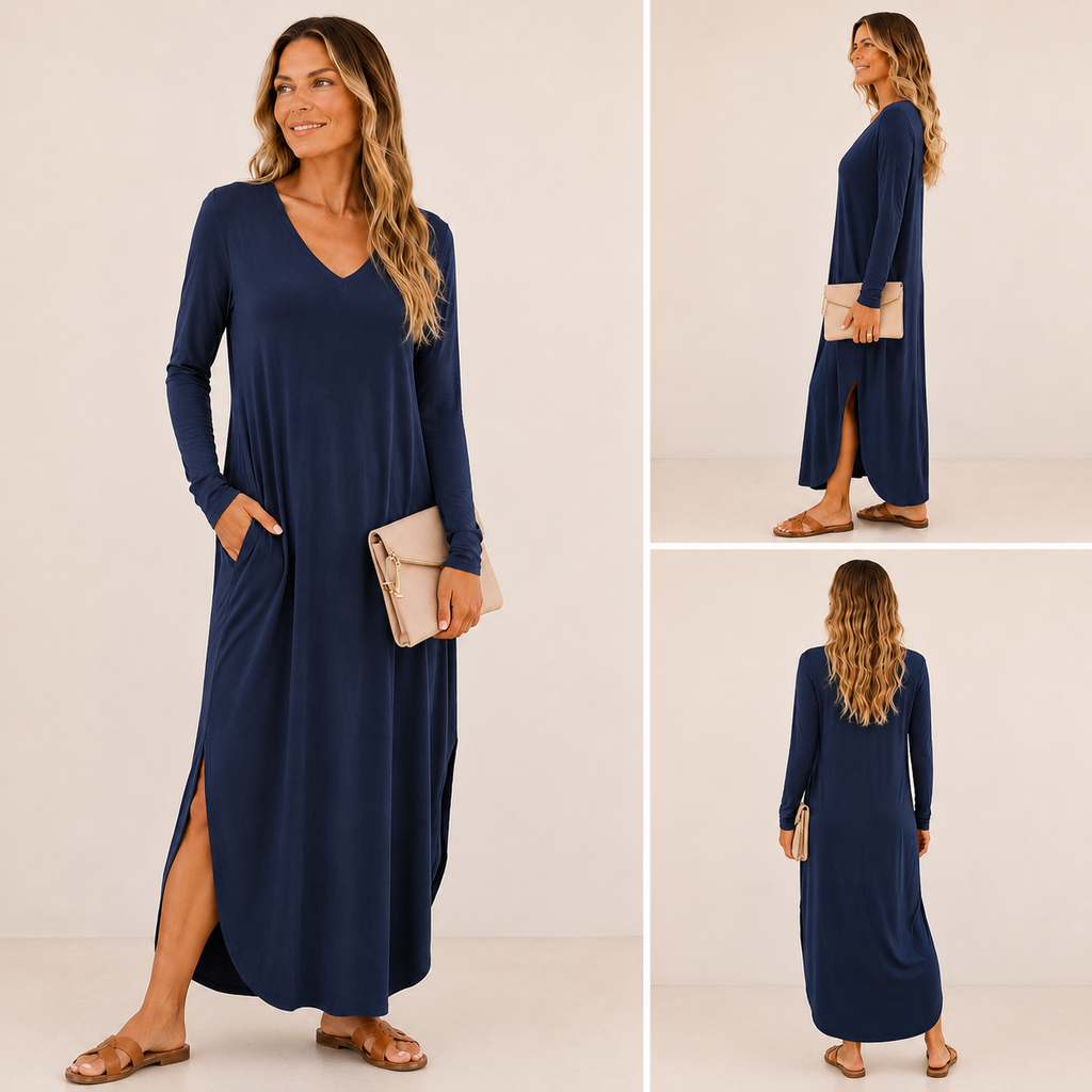 Long Sleeve V Neck Maxi Dress with Pockets, Side Slits