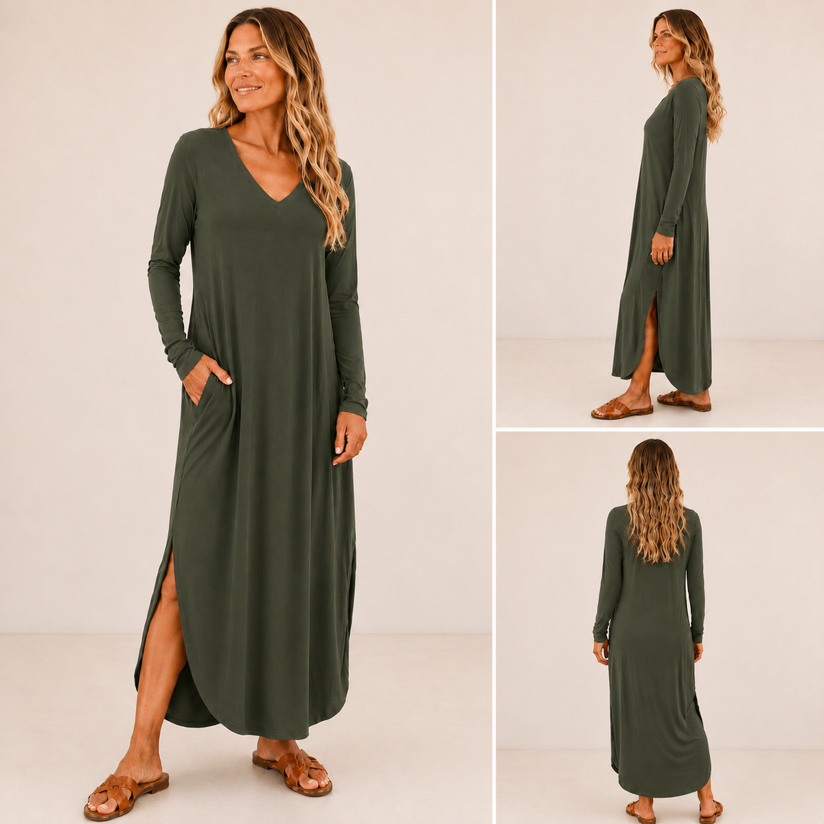 Long Sleeve V Neck Maxi Dress with Pockets, Side Slits