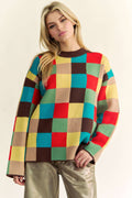 Multicolor Checkerboard Knit Pullover Sweater