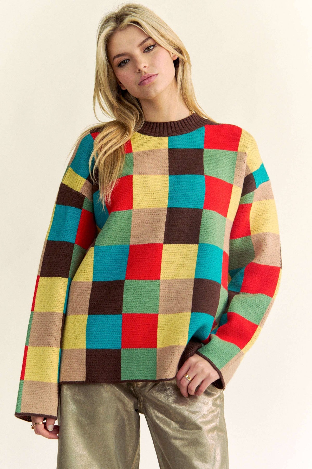 Multicolor Checkerboard Knit Pullover Sweater