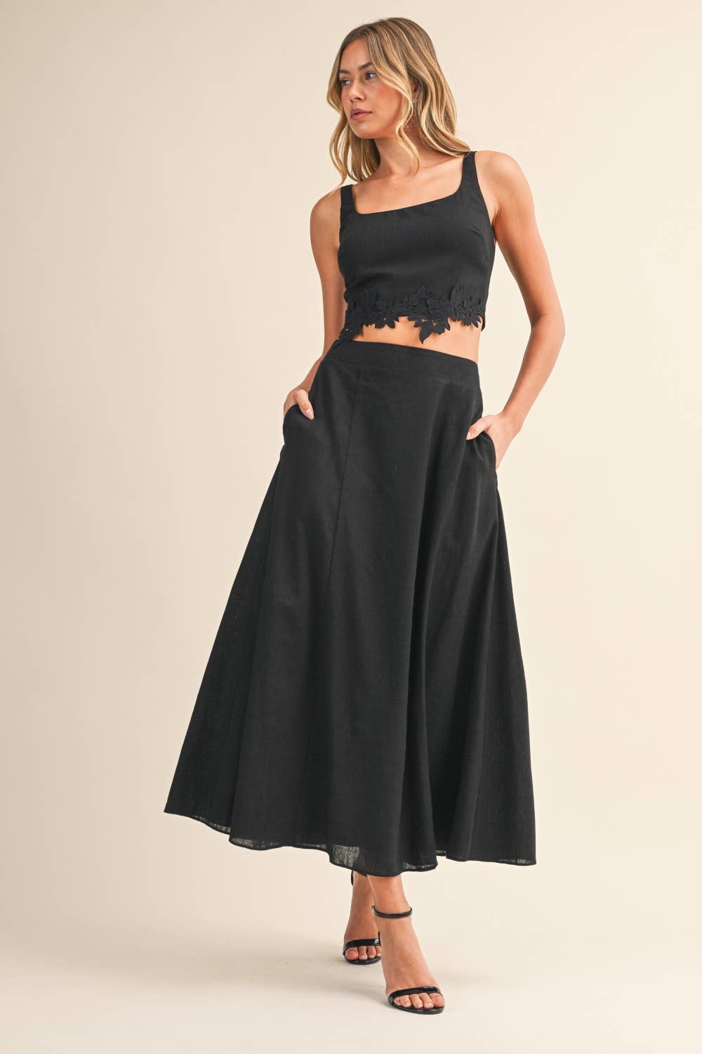 FLOWER EMROIDERED CROP TOP AND MIDI SKIRT