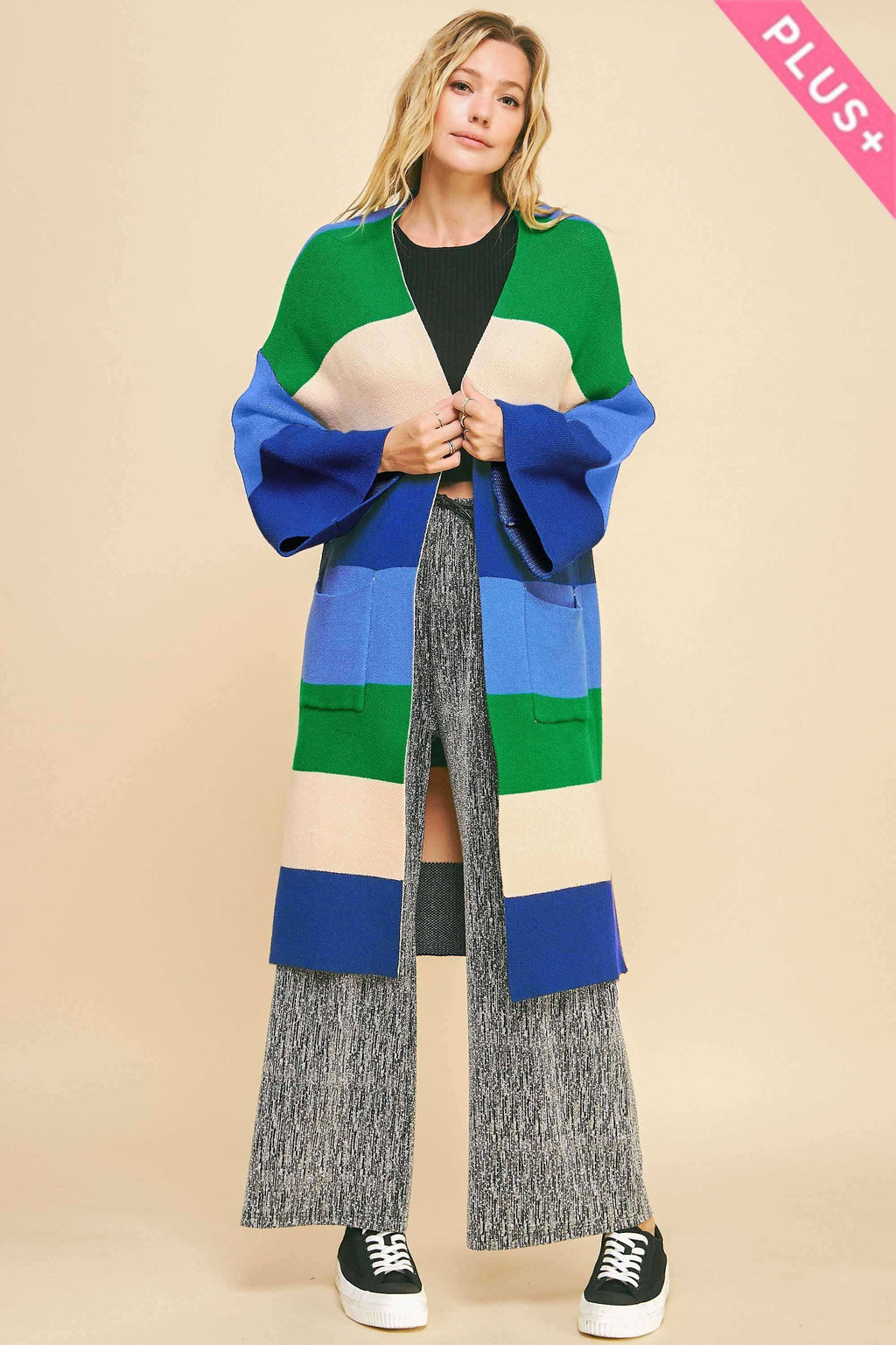 Plus - Multi Stripe Kimono Sleeve Longline Open Cardigan