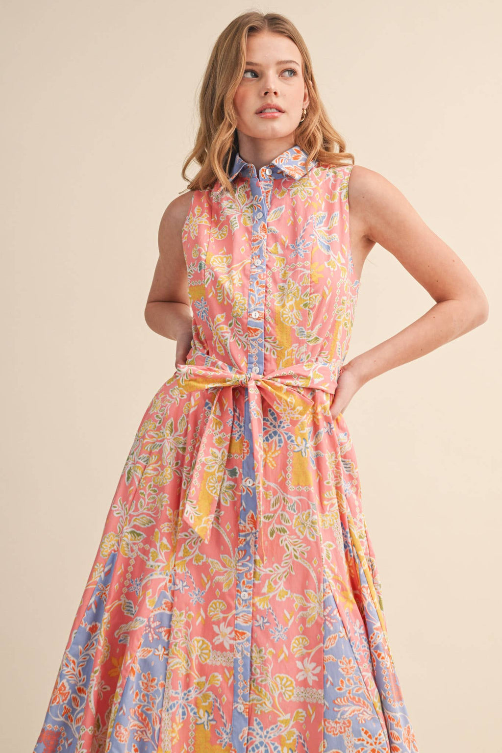 MIXED FLORAL PRINT BELTED BUTTON DOWN MIDI DRESS MDR4733