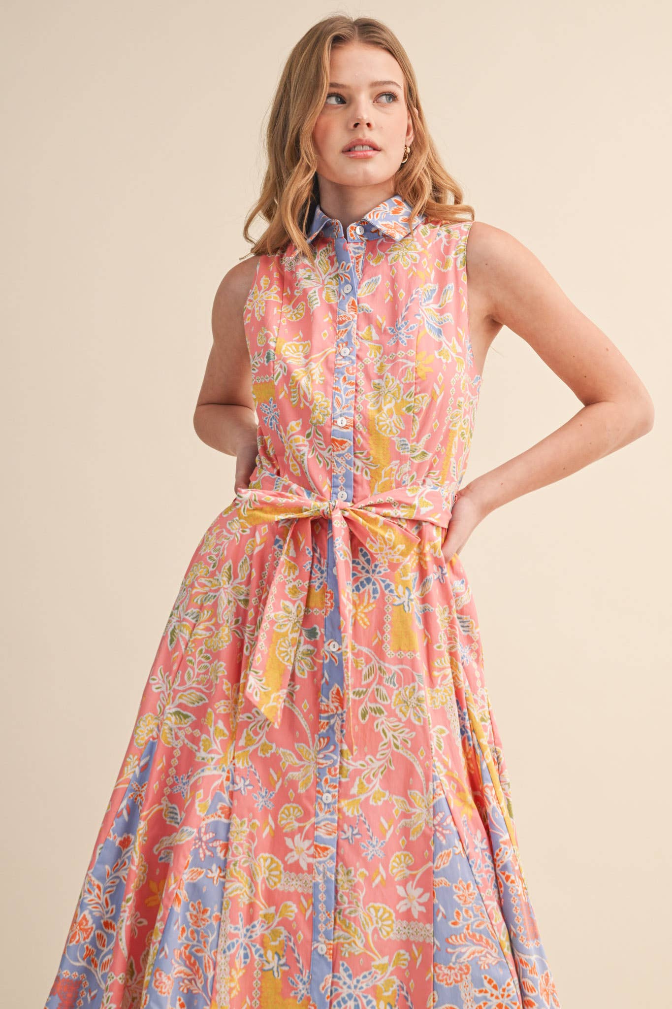 MIXED FLORAL PRINT BELTED BUTTON DOWN MIDI DRESS MDR4733