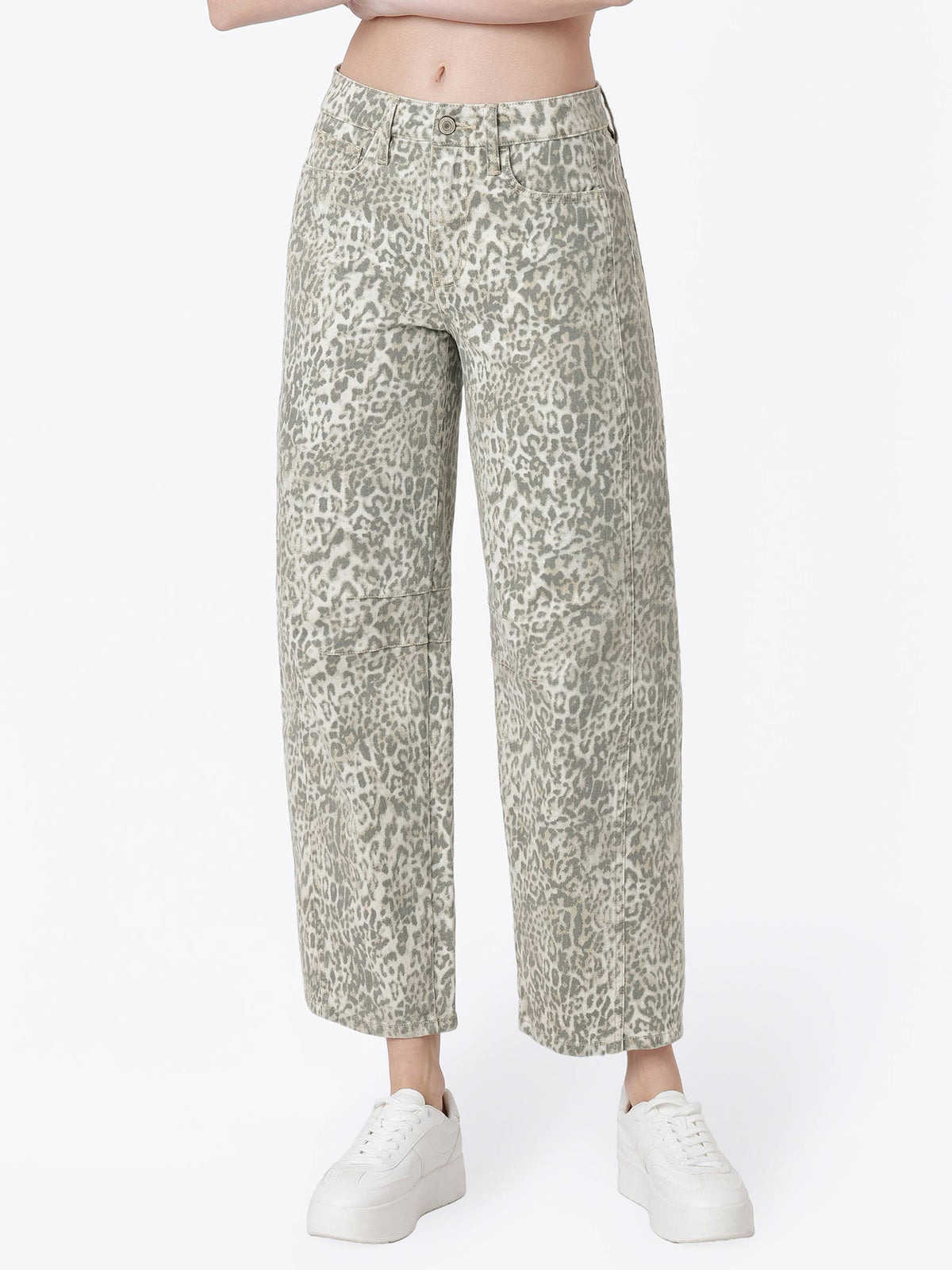 HIGH RISE SIDE SEAMED LEOPARD PRINT BARREL JEANS T7567LPD