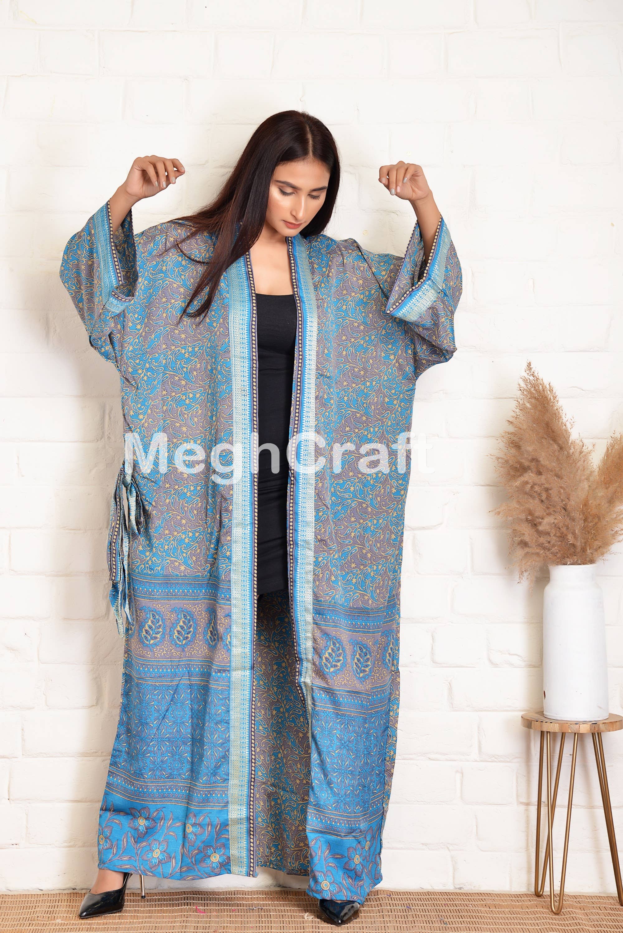 Upcycled Silk Kimono Robe, Body coverup FREE SIZE