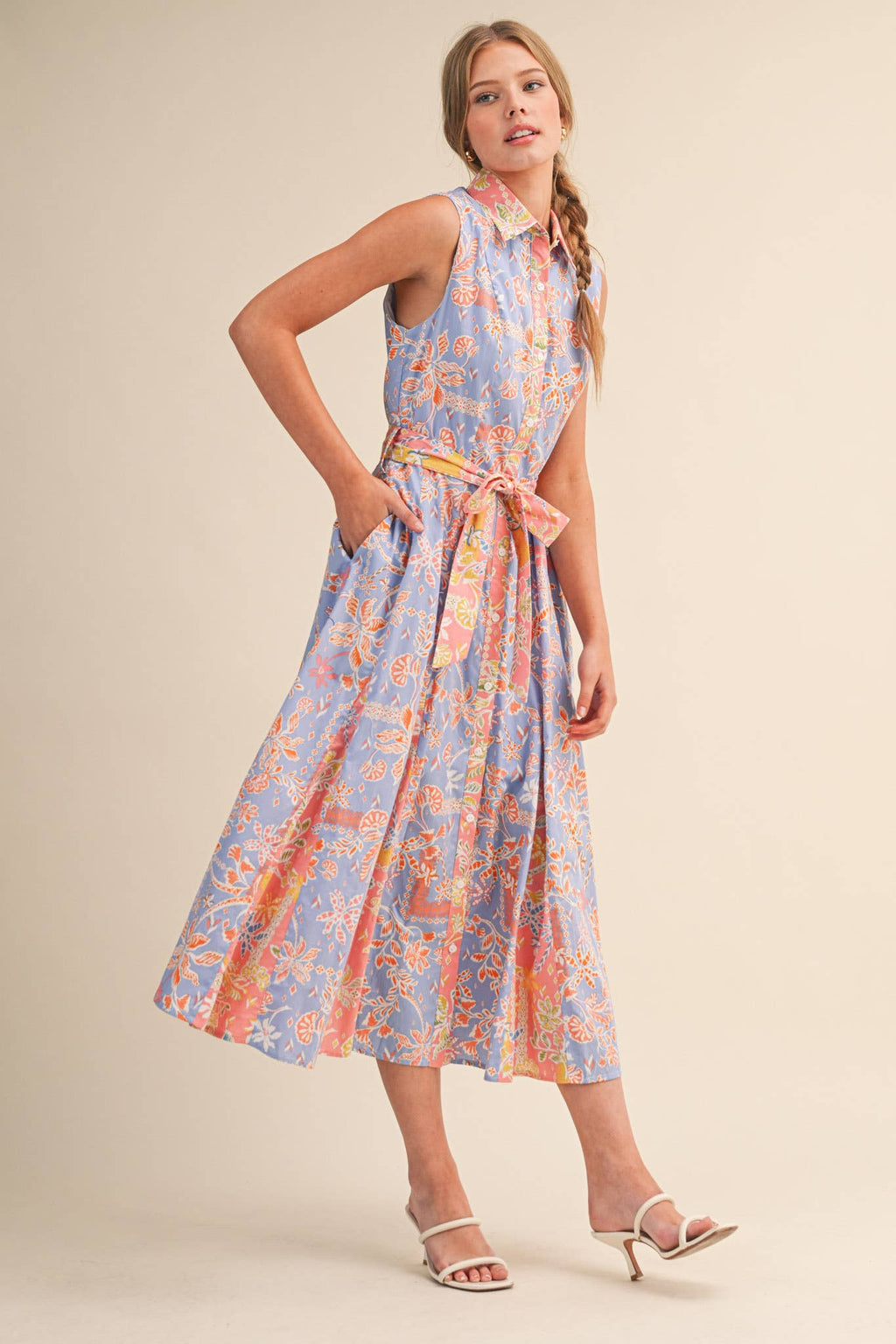 MIXED FLORAL PRINT BELTED BUTTON DOWN MIDI DRESS MDR4733